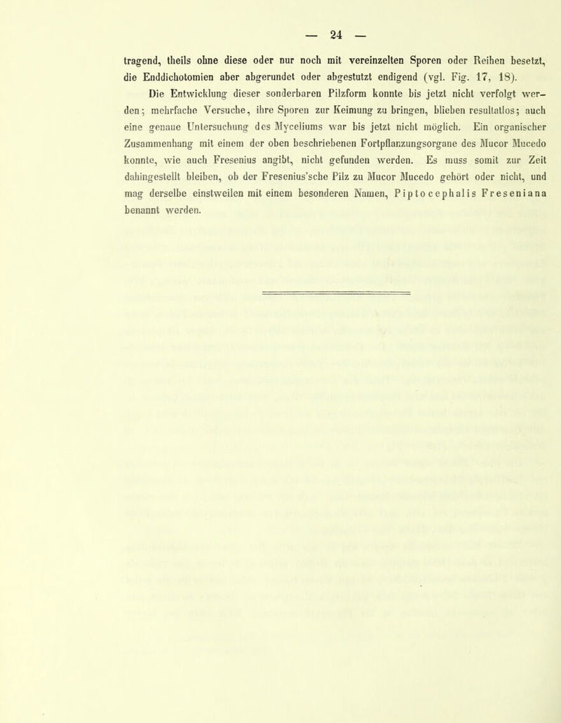 tragend, theils ohne diese oder nur noch mit vereinzelten Sporen oder Reihen besetzt, die Enddichotomien aber abgerundet oder abgestutzt endigend (vgl. Fig. 17, 18). Die Entwicklung dieser sonderbaren Pilzform konnte bis jetzt nicht verfolgt wer- den; mehrfache Versuche, ihre Sporen zur Keimung zu bringen, blieben resultatlos; auch eine genaue Untersuchung des Myceliums war bis jetzt nicht möglich. Ein organischer Zusammenhang mit einem der oben beschriebenen Fortpflanzungsorgane des Mucor Mucedo konnte, wie auch Fresenius angibt, nicht gefunden werden. Es muss somit zur Zeit dahingestellt bleiben, ob der Fresenius'sche Pilz zu Mucor Mucedo gehört oder nicht, und mag derselbe einstweilen mit einem besonderen Namen, Piptocephalis Freseniana benannt werden.