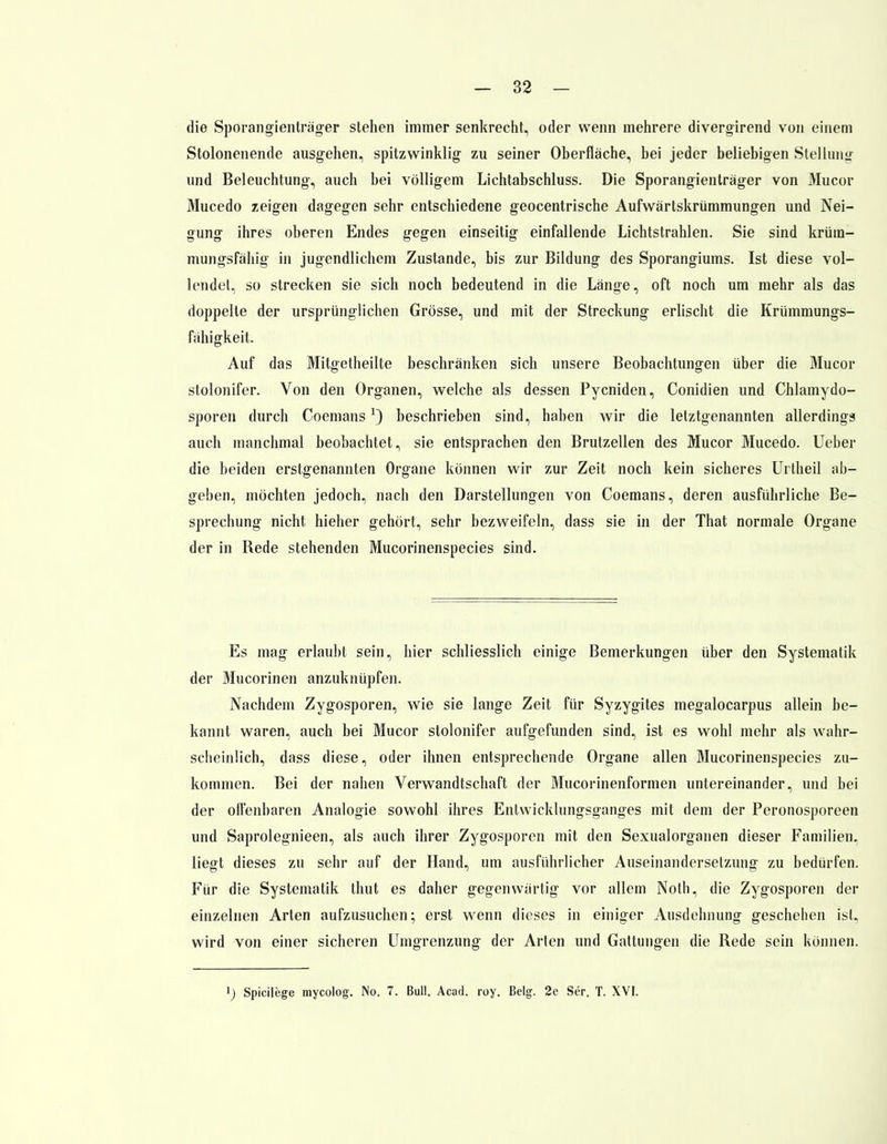 die Sporangientrager stehen immer senkrecht, oder wenn mehrere divergirend von einem Stolonenende ausgehen, spitzwinklig zu seiner Oherfläche, bei jeder beliebigen Stelluny und Beleuchtung, auch bei völligem Lichtabschluss. Die Sporangientrager von Mucor Mucedo zeigen dagegen sehr entschiedene geocentrische Aufwärtskrümmungen und Nei- gung ihres oberen Endes gegen einseitig einfallende Lichtstrahlen. Sie sind krüm- mungsfähig in jugendlichem Zustande, bis zur Bildung des Sporangiums. Ist diese vol- lendet, so strecken sie sich noch bedeutend in die Länge, oft noch um mehr als das doppelte der ursprünglichen Grösse, und mit der Streckung erlischt die Krümmungs- fähigkeit. Auf das Mitgetheilte beschränken sich unsere Beobachtungen über die Mucor stolonifer. Von den Organen, welche als dessen Pycniden, Conidien und Chlamydo- sporen durch Coemans*) beschrieben sind, haben wir die letztgenannten allerdings auch manchmal beobachtet, sie entsprachen den Brutzellen des Mucor Mucedo. Ueber die beiden erstgenannten Organe können wir zur Zeit noch kein sicheres Urtheil ab- geben, möchten jedoch, nach den Darstellungen von Coemans, deren ausführliche Be- sprechung nicht hieher gehört, sehr bezweifeln, dass sie in der That normale Organe der in Rede stehenden Mucorinenspecies sind. Es mag erlaubt sein, hier schliesslich einige Bemerkungen über den Systematik der Mucorinen anzuknüpfen. Nachdem Zygosporen, wie sie lange Zeit für Syzygites megalocarpus allein be- kannt waren, auch bei Mucor stolonifer aufgefunden sind, ist es wohl mehr als wahr- scheinlich, dass diese, oder ihnen entsprechende Organe allen Mucorinenspecies zu- kommen. Bei der nahen Verwandtschaft der Mucorinenformen untereinander, und bei der offenbaren Analogie sowohl ihres Entwicklungsganges mit dem der Peronosporeen und Saprolegnieen, als auch ihrer Zygosporen mit den Sexualorganen dieser Familien, liegt dieses zu sehr auf der Hand, um ausführlicher Auseinandersetzung zu bedürfen. Für die Systematik thut es daher gegenwärtig vor allem Noth, die Zygosporen der einzelnen Arten aufzusuchen; erst wenn dieses in einiger Ausdehnung geschehen ist, wird von einer sicheren Umgrenzung der Arten und Gattungen die Rede sein können. ') Spicilege mycolog. No. 7. Bull. Acad. roy. Belg. 2e Ser. T. XVI.