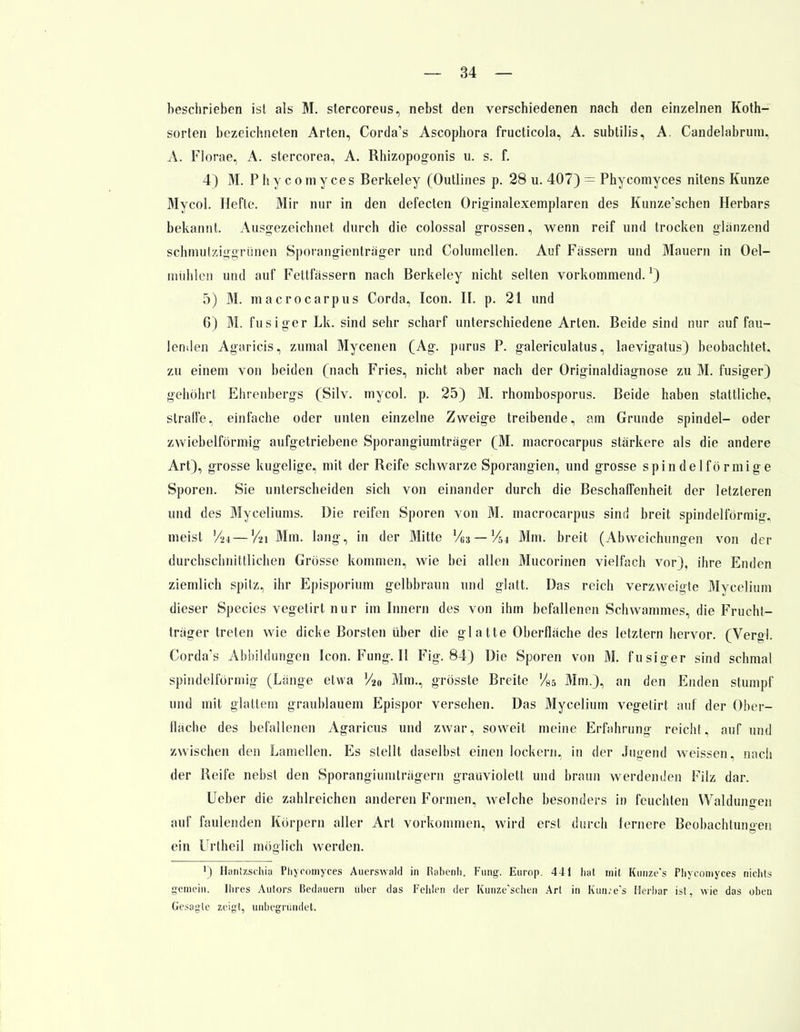 beschrieben ist als M. stercoreus, nebst den verschiedenen nach den einzelnen Koth- sorten bezeichneten Arten, Corda's Ascophora fructicola, A. subtilis, A. Candelabrum, A. Florae, A. stercorea, A. Rhizopogonis u. s. f. 4) M. P h y c o m y ces Berkeley (Outlines p. 28 u. 407) = Phycomyces nitens Kunze Mycol. Hefte. Mir nur in den defecten Originalexemplaren des Kunze'schen Herbars bekannt. Ausgezeichnet durch die colossal grossen, wenn reif und trocken glänzend schmutziggrünen Sporangienträger und Cohimellen. Auf Fässern und Mauern in Oel- miihlen und auf Feltfässern nach Berkeley nicht selten vorkommend.*) 5) M. macrocarpus Corda, Icon. II. p. 21 und 6) M. fusiger Lk. sind sehr scharf unterschiedene Arten. Beide sind nur auf fau- lenden Agaricis, zumal Mycenen (Ag. purus P. galericulatus, laevigatus) beobachtet, zu einem von beiden (nach Fries, nicht aber nach der Originaldiagnose zu M. fusiger) gebohrt Ehrenbergs (Silv. mycol. p. 25) M. rhombosporus. Beide haben stattliche, straffe, einfache oder unten einzelne Zweige treibende, am Grunde spindel- oder zwiebeiförmig aufgetriebene Sporangiumträger (M. macrocarpus stärkere als die andere Art), grosse kugelige, mit der Reife schwarze Sporangien, und grosse spindelförmige Sporen. Sie unterscheiden sich von einander durch die Beschaffenheit der letzteren und des Myceliums. Die reifen Sporen von M. macrocarpus sind breit spindelförmig, meist V24 — Y21 Mm. lang, in der Mitte Ve» — V54 Mm. breit (Abweichungen von der durchschnittlichen Grösse kommen, wie bei allen Mucorinen vielfach vor), ihre Enden ziemlich spitz, ihr Episporium gelbbraun und glatt. Das reich verzweigte Mycelium dieser Species vegetirt nur im Innern des von ihm befallenen Schvvammes, die Frucht- träger treten wie dicke Borsten über die glatte Oberfläche des letztern hervor. (Vergl. Corda's Abbildungen Icon. Fung. II Fig. 84) Die Sporen von M. fusiger sind schmal spindelförmig (Länge etwa V20 Mm., grösste Breite V85 Mm.), an den Enden stumpf und mit glattem graublauem Epispor versehen. Das Mycelium vegetirt auf der Ober- lläche des befallenen Agaricus und zwar, soweit meine Erfahrung reicht, auf und zwischen den Lamellen. Es stellt daselbst einen lockern, in der Jugend weissen, nach der Reife nebst den Sporangiumträgern grauviolett und braun werdenden Filz dar. Ueber die zahlreichen anderen Formen, welche besonders in feuchten Waldungen auf faulenden Körpern aller Art vorkommen, wird erst durch fernere Beobachtungen ein Urtheil möglich werden. ') Hantzschia Phycomyces Auerswald in Rahenli. Fung. Europ. 441 hat mit Kunze's Phycomyces nichts gemein. Ihres Autors Bedauern über das Fehlen der Kunze'schen Art in Kun.e*s Herbar ist, wie das oben Gesagte zeigt, unbegründet.