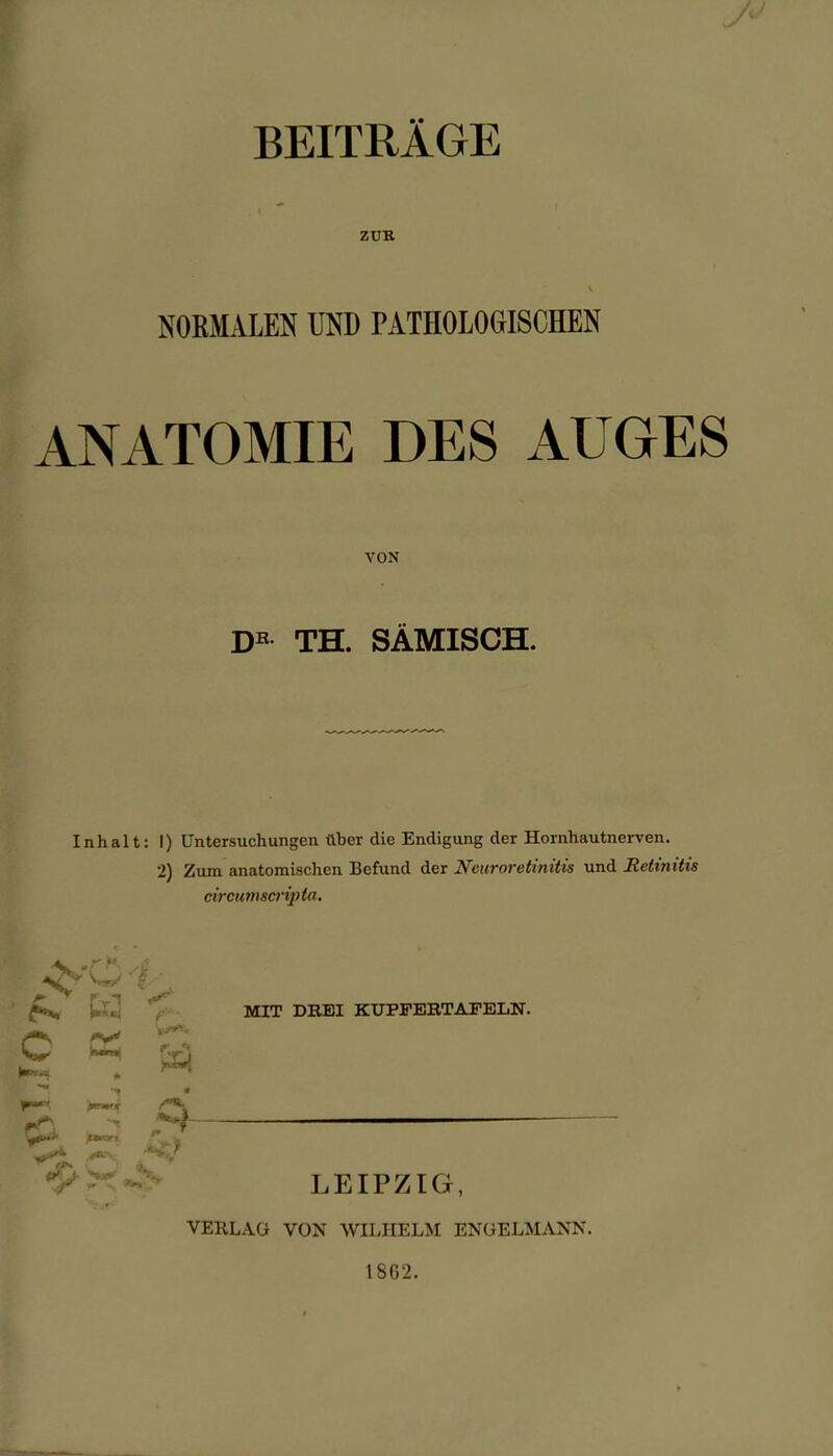 BEITRAGE ZUK % NORMALEN UND PATHOLOGISCHEN ANATOMIE DES AUGES A’ON DB TH. SÄMISCH. Inhalt: I) 2) Untersuchungen über die Endigung der Hornhautnerven. Zum anatomischen Befund der Neuroretinitis und Retinitis circumscripta. r • )***{ ^ (»•> J •K. MIT DREI KUPFERTAFELN. LEIPZIG, VERLAG VON WILHELM ENGELMANN.