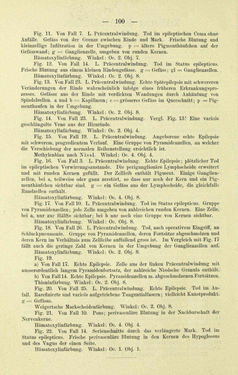 Fig-. 11. Von Fall 7. L. Präcentralwindung-. Tod im epileptisclien Coma ohne Anfälle. Gefäss von der Grenze zwischen Rinde und Mark. Frische Blutung und kleinzellige Infiltration in der Umgebung, p = ältere Pigmenthäufchen auf der Gefässwand; g = Gangiienzelle, umgeben von runden Kernen. Hämatoxylinfärbnng. Winkel: Oc. 2. Obj. 7. Fig. 12. Von Fall 14. L. Präcentraiwindung. Tod im Status epilepticus. Frische Blutung aus einem kleinen Eindengefässe. g = Gefäss; gl = Ganglienzellen. Hämatoxylinfärbnng. Winkel: Oc. 2. Obj. 8. Fig. 13. Von Fall 23. L. Präcentraiwindung. Echte Spätepilepsie mit schwereren Veränderungen der Rinde wahrscheinlich infolge eines früheren Erkrankungspro- zesses. Gefässe aus der Rinde mit verdickten Wandungen durch Anhäufung von Spindelzellen, a und b = Kapillaren; c = grösseres Gefäss im Querschnitt; p = Pig- menthaufen in der Umgebung. Hämatoxylinfärbnng. Winkel: Oc. 2. Obj. 8. Fig. 14. Von Fall 23. L. Präcentraiwindung. Vergl. Fig. 13! Eine varicös geschlängelte Vene aus der Hirnrinde. Hämatoxylinfärbnng. Winkel: Oc. 2. Obj. 4. Fig. 15, Von Fall 19. L. Präcentraiwindung. Angeborene echte Epilepsie mit schwerem, progredientem Verlauf. Eine Gruppe von Pyramidenzellen, an welcher die Verschiebung der normalen Reihenstellung ersichtlich ist. Methylenblau nach Nissl. Winkel: Oc. 4. Obj. 4. Fig. 16. Von Fall 3. L. Präcentraiwindung. Echte Epilepsie; plötzlicher Tod im epileptischen Verwirrungszustande. Die periganglionäre Lymphscheide erweitert und mit runden Kernen gefüllt. Der Zellleib enthält Pigment. Einige Ganglien- zellen, bei a, teilweise oder ganz zerstört, so dass nur noch der Kern und ein Pig- menthäufchen sichtbar sind, g = ein Gefäss aus der Lymphscheide, die gleichfalls Rundzellen enthält. Hämatoxylinfärbnng. Winkel: Oc. 4. Obj. 8. Fig. 17. Von Fall 10. L. Präcentraiwindung. Tod im Status epilepticus. Gruppe von Pyramidenzellen; jede Zelle umgeben von zahlreichen runden Kernen. Eine Zelle, bei a, nur zur Hälfte sichtbar; bei b nur noch eine Gruppe von Kernen sichtbar. Hämatoxylinfärbnng. Winkel: Oc. Obj. 8. Fig. 18. Von Fall 26. L. Präcentraiwindung. Tod, nach operativem Eingriff, an Schluckpneumouie. Gruppe von Pyramidenzellen, deren Fortsätze abgeschmolzen und deren Kern im Verhältnis zum Zellleibe auffallend gross ist. Im Vergleich mit Fig. 17 fällt auch die geringe Zahl von Kernen in der Umgebung der Ganglienzellen auf. Hämatoxylinfärbung, Winkel: Oc, 2. Obj. 8. Fig. 19. a) Von Fall 17. Echte Epilepsie, Zelle aus der linken Präcentraiwindung mit ausserordentlich langem Pyramidenfortsatz, der zahlreiche Nissische Granula enthält, b) Von Fall 14. Echte Epilepsie. Pyramidenzellen m. abgeschmolzenen Fortsätzen. Thioninfärbung. Winkel: Oc. 2. Obj. 8. Fig, 20, Von Fall 25, L, Präcentralwinduug. Echte Epilepsie. Tod im An- fall. Rarefizierte und varicös aufgetriebene Tangentialfasern; vielleicht Kunstprodukt, g = Gefässe. Weigertsche Markscheidenfärbung. Winkel: Oc, 2. Obj. 8. Fig. 21. Von Fall 10. Pons; perivasculäre Blutung in der Nachbarschaft der Nervenkerne. Hämatoxylinfärbung. Winkel: Oc. 4. Obj. 4. Fig. 22, Von Fall 14, Serienschnitte durch das verlängerte Mark. Tod im Status epilepticus. Frische perivasculäre Blutung in den Kernen des Hypoglossus und des Vagus der einen Seite. Hämatoxylinfärbung. Winkel: Oc. 1. Obj. 1,