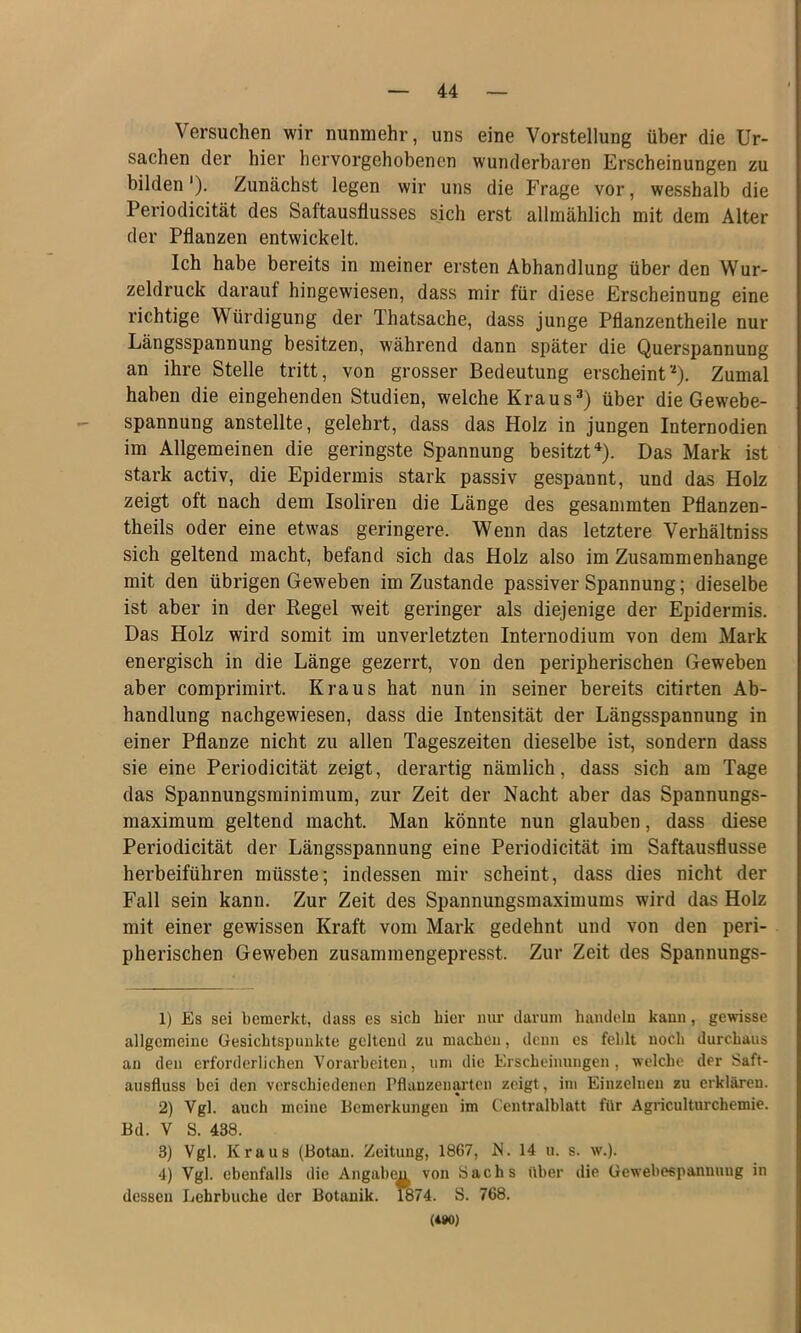 Versuchen wir nunmehr, uns eine Vorstellung über die Ur- sachen der hier hervorgehobenen wunderbaren Erscheinungen zu bilden'). Zunächst legen wir uns die Frage vor, wesshalb die Periodicität des Saftausflusses sich erst allmählich mit dem Alter der Pflanzen entwickelt. Ich habe bereits in meiner ersten Abhandlung über den Wur- zeldruck darauf hingewiesen, dass mir für diese Erscheinung eine richtige Würdigung der Thatsache, dass junge Pflanzentheile nur Längsspannung besitzen, während dann später die Querspannung an ihre Stelle tritt, von grosser Bedeutung erscheint’Q. Zumal haben die eingehenden Studien, welche Kraus^) über die Gewebe- spannung anstellte, gelehrt, dass das Holz in jungen Internodien im Allgemeinen die geringste Spannung besitzt“^). Das Mark ist stark activ, die Epidermis stark passiv gespannt, und das Holz zeigt oft nach dem Isolireii die Länge des gesammten Pflanzen- theils oder eine etwas geringere. Wenn das letztere Verhältniss sich geltend macht, befand sich das Holz also im Zusammenhänge mit den übrigen Geweben im Zustande passiver Spannung; dieselbe ist aber in der Regel weit geringer als diejenige der Epidermis. Das Holz wird somit im unverletzten Internodium von dem Mark energisch in die Länge gezerrt, von den peripherischen Geweben aber comprimirt. Kraus hat nun in seiner bereits citirten Ab- handlung nachgewiesen, dass die Intensität der Längsspannung in einer Pflanze nicht zu allen Tageszeiten dieselbe ist, sondern dass sie eine Periodicität zeigt, derartig nämlich, dass sich am Tage das Spannungsminimum, zur Zeit der Nacht aber das Spannungs- maximum geltend macht. Man könnte nun glauben, dass diese Periodicität der Längsspannung eine Periodicität im Saftausflusse herbeiführen müsste; indessen mir scheint, dass dies nicht der Fall sein kann. Zur Zeit des Spannungsmaximums wird das Holz mit einer gewissen Kraft vom Mark gedehnt und von den peri- pherischen Geweben zusammengepresst. Zur Zeit des Spannungs- 1) Es sei bemerkt, dass es sich hier mir darum handeln kann, gewisse allgemeine üesichtspuukte geltend zu machen, denn es fehlt noch durchaus an den erforderlichen Vorarbeiten, um die Erscheinungen, welche der Saft- ausfluss hei den verschiedenen Pflauzenarton zeigt, im Einzelnen zu erklären. 2) Vgl. auch meine Bemerkungen im Centralblatt für Agriculturchemie. Bd. V S. 438. 3) Vgl. Kraus (Botau. Zeitung, 1867, K. 14 u. s. w.). 4) Vgl. ebenfalls die Angaben von Sachs über die Gewebespanuuug in dessen Lehrbuche der Botanik. 1874. S. 768. (*»o)