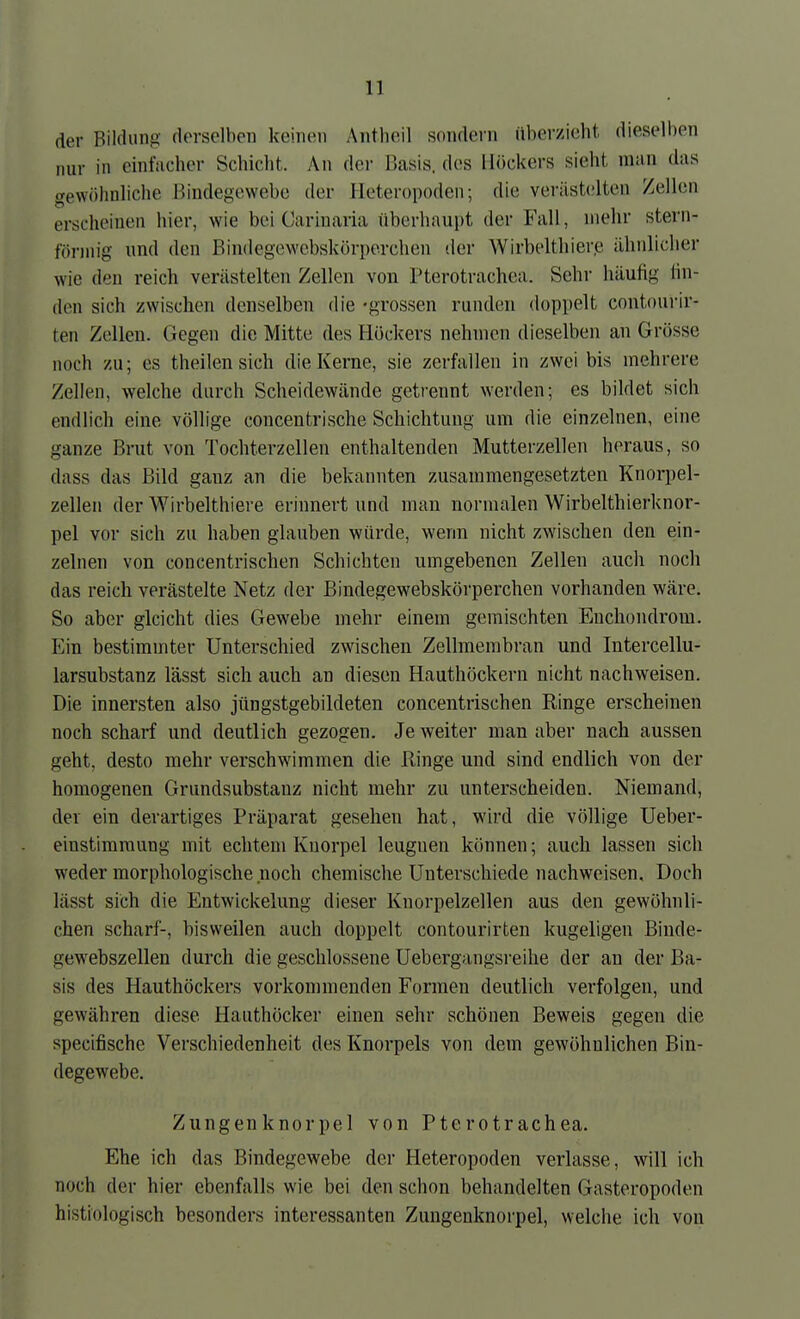 der Bildung derselben keinen Antheil sondern überzieht dieselben nur in einfacher Schicht. An der lksis. des Höckers sieht man das gewöhnliche Bindegewebe der Heteropoden; die veriist(!lten Zellen erscheinen hier, wie bei Cariuaria überhaupt der Fall, mehr stern- förmig und den Bindegewebskörperchen der Wirbelthiere ähnlicher wie den reich verästelten Zellen von Pterotrachea. Sehr häufig lin- den sich zwischen denselben die -grossen runden doppelt contourir- ten Zellen. Gegen die Mitte des Höckers nehmen dieselben an Grösse noch zu; es theilen sich die Kerne, sie zerfallen in zwei bis mehrere Zellen, Avelche durch Scheidewände getrennt werden; es bildet sich endlich eine völlige concentrische Schichtung um die einzelnen, eine ganze Brut von Tochterzellen enthaltenden Mutterzellen heraus, so dass das Bild ganz an die bekannten zusammengesetzten Knorpel- zellen der Wirbelthiere erinnert und man normalen Wirbelthierknor- pel vor sich zu haben glauben würde, wenn nicht zwischen den ein- zelnen von concentrischen Schichten umgebenen Zellen auch noch das reich verästelte Netz der Bindegewebskörperchen vorhanden wäre. So aber gleicht dies Gewebe mehr einem gemischten Enchondrom. p]in bestimmter Unterschied zwischen Zellmembran und Intercellu- larsubstanz lässt sich auch an diesen Hauthöckern nicht nachweisen. Die innersten also jüngstgebildeten concentrischen Ringe erscheinen noch scharf und deutlich gezogen. Je weiter man aber nach aussen geht, desto mehr verschwimmen die Ringe und sind endlich von der homogenen Grundsubstanz nicht mehr zu unterscheiden. Niemand, der ein derartiges Präparat gesehen hat, wird die völlige Ueber- einstimraung mit echtem Knorpel leuguen können; auch lassen sich weder morphologische noch chemische Unterschiede nachweisen. Doch lässt sich die Entwickelung dieser Knorpelzellen aus den gewöhnli- chen scharf-, bisweilen auch doppelt contourirten kugeligen Binde- gewebszellen durch die geschlossene Uebergangsreihe der an der Ba- sis des Hauthöckers vorkommenden Formen deutlich verfolgen, und gewähren diese Hauthöcker einen sehr schönen Beweis gegen die specifische Verschiedenheit des Knorpels von dem gewöhnlichen Bin- degewebe. Zungenknorpel von Pterotrachea. Ehe ich das Bindegewebe der Heteropoden verlasse, will ich noch der hier ebenfalls wie bei den schon behandelten Gasteropoden histiologisch besonders interessanten Zungeuknorpel, welche ich von