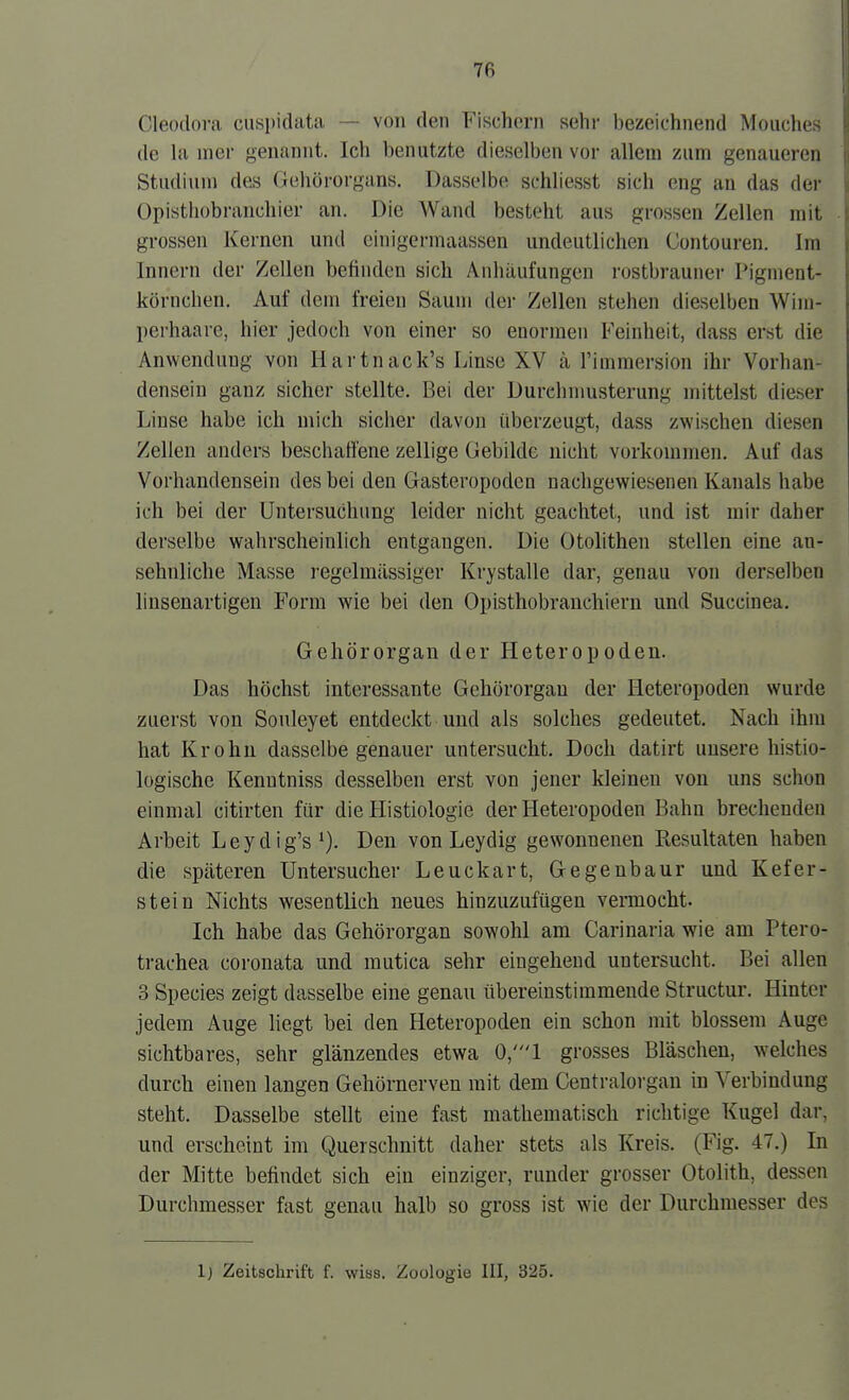 Cleodora cuspidata — von den Fischern sehi- bezeichnend Mouches de la mer genannt. Ich benutzte dieselben vor allem zum genaueren Studium des Gehörorgans. Dasselbe schliesst sich eng an das der Opisthobranchier an. Die Wand besteht aus grossen Zellen mit grossen Kernen und cinigennaassen undeutlichen Contouren. Im Innern der Zellen befinden sich Anhäufungen rostbrauner Pigment- körnchen. Auf dem freien Saum der Zellen stehen dieselben Wim- perhaare, hier jedoch von einer so enormen Feinheit, dass erst die Anwendung von Hartnack's Linse XV ä Timraersion ihr Vorhan- densein ganz sicher stellte. Bei der Durehnmsterung mittelst dieser Linse habe ich mich sicher davon überzeugt, dass zwischen diesen Zellen anders beschatt'ene zellige Gebilde nicht vorkommen. Auf das Vorhandensein des bei den Gasteropoden nachgewiesenen Kanals habe ich bei der Untersuchung leider nicht geachtet, und ist mir daher derselbe wahrscheinlich entgangen. Die Otolithen stellen eine an- sehnliche Masse regelmässiger Krystalle dar, genau von derselben linsenartigeu Form wie bei den Opisthobrauchiern und Succinea. Gehörorgan der Heteropoden. Das höchst interessante Gehörorgan der Heteropoden wurde zuerst von Souleyet entdeckt und als solches gedeutet. Nach ihm hat Krohu dasselbe genauer untersucht. Doch datirt unsere histio- logische Kenutniss desselben erst von jener kleinen von uns schon einmal citirten für die Histiologie der Heteropoden Bahn brechenden Arbeit Leydig's^). Den von Leydig gewonnenen Resultaten haben die späteren Untersucher Leuckart, Gegenbaur und Kefer- stein Nichts wesentlich neues hinzuzufügen vermocht. Ich habe das Gehörorgan sowohl am Carinaria wie am Ptero- trachea coronata und mutica sehr eingehend untersucht. Bei allen 3 Species zeigt dasselbe eine genau übereinstimmende Structur. Hinter jedem Auge liegt bei den Heteropoden ein schon mit blossem Auge sichtbares, sehr glänzendes etwa 0,'l grosses Bläschen, welches durch einen langen Gehörnerven mit dem Centraiorgan in Verbindung steht. Dasselbe stellt eine fast mathematisch richtige Kugel dar, und erscheint im Querschnitt daher stets als Kreis. (Fig. 47.) In der Mitte befindet sich ein einziger, runder grosser Otolith, dessen Durchmesser fast genau halb so gross ist wie der Durchmesser des 1} Zeitschrift f. wiss. Zoologie III, 325.