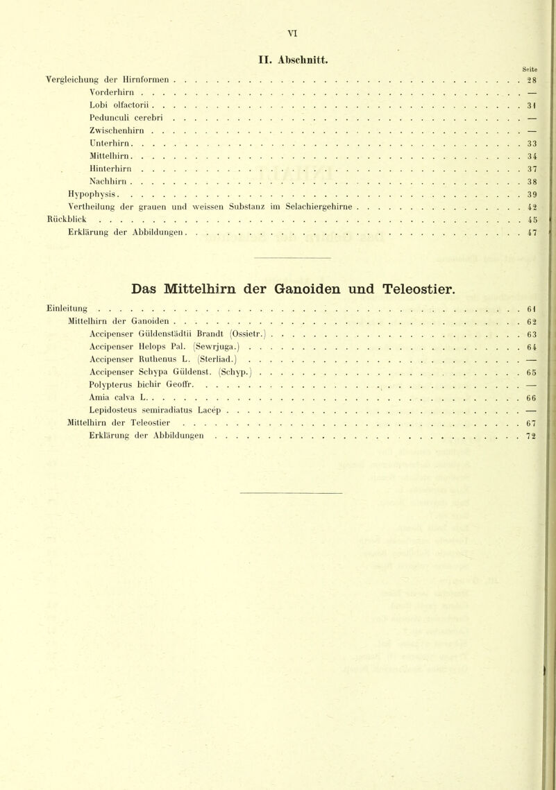 VI II. Abschnitt. Seite Vergleichung der Hirnformen 28 Vorderhirn — Lobi olfactorii 34 Pedunculi cerebri — Zwischenhirn — Unterhirn 33 Mittelhirn 34 Hinterhirn 37 Nachiii rn 38 Hypophysis 39 Vertheilung der grauen und weissen Substanz im Selachiergehirne 42 Rückblick 45 Erklärung der Abbildungen 47 Das Mittelhirn der Ganoiden und Teleostier. Einleitung 61 Mittelhirn der Ganoiden 62 Accipenser Güldenstädtii Brandt (Ossietr.) 63 Accipenser Helops Pal. (Sewrjuga.) 64 Accipenser Ruthenus L. (Sterliad.) — Accipenser Schypa Güldenst. (Schyp.) 65 Polypterus bichir Geoffr — Amia calva L 66 Lepidosteus semiradiatus Lacep — Mittelhirn der Teleostier 67 Erklärung der Abbildungen 72