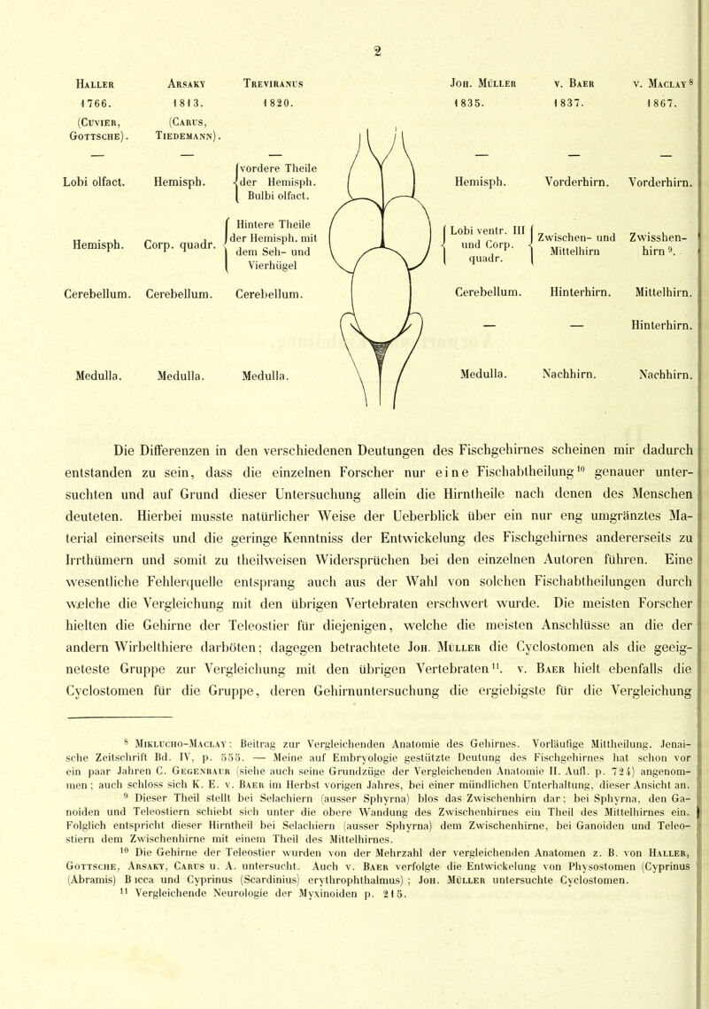 2 Haller 1 766. (CUVIER, Gottsche) . Arsaky 1813. (Carus, Tiedemann). Lobi olfact. Heraisph. Hemisph. Corp. quadr. Treviranls 1 820. {vordere Theile der Hemisph. Bulbi olfact. Hintere Theile der Hemisph. mit dem Seh- und Vierhügel Cerebellum. Cerebellum. Cerebellum. Medulla. Medulla. Medulla. Joh. Müller v. Baer v. Maclay 1 1 835. 1 837. 1867. Hemisph. Vorderhirn. Vorderhirn. Lobi ventr. III und Corp. quadr. Zwischen- und Zwisshen- Mittelhirn hirn 9. - Cerebellum. Hinterhirn. Mittelhirn. Hinterhirn. Medulla. Nachhirn. Nachhirn. Die Differenzen in den verschiedenen Deutungen des Fischgehirnes scheinen mir dadurch entstanden zu sein, dass die einzelnen Forscher nur eine Fischabtheilung10 genauer unter- suchten und auf Grund dieser Untersuchung allein die Hirntheile nach denen des Menschen deuteten. Hierbei musste natürlicher Weise der Ueberblick über ein nur eng umgränztes Ma- terial einerseits und die geringe Kenntniss der Entwickelung des Fischgehirnes andererseits zu Irrthümern und somit zu theilweisen Widersprüchen bei den einzelnen Autoren fuhren. Eine wesentliche Fehlerquelle entsprang auch aus der Wahl von solchen Fischabtheilungen durch wjelche die Vergleichung mit den übrigen Vertebraten erschwert wurde. Die meisten Forscher hielten die Gehirne der Teleostier für diejenigen, welche die meisten Anschlüsse an die der andern Wirbelthiere darböten; dagegen betrachtete Joh. Müller die Cyclostomen als die geeig- neteste Gruppe zur Vergleichung mit den übrigen Vertebraten11. v. Baer hielt ebenfalls die Cyclostomen für die Gruppe, deren Gehirnuntersuchung die ergiebigste für die Vergleichung 8 Miklucho-Maclay : Beitrag zur Vergleichenden Anatomie des Gehirnes. Vorläufige Mittheilung. Jenai- sche Zeitschrift Bd. IV, p. 555. — Meine auf Embryologie gestützte Deutung des Fischgehirnes hat schon vor ein paar Jahren C. Gegenbaur (siehe auch seine Grundzüge der Vergleichenden Anatomie II. Aufl. p. 72 4) angenom- men; auch schloss sich K. E. v. Baer im Herbst vorigen Jahres, bei einer mündlichen Unterhaltung, dieser Ansicht an. !l Dieser Theil stellt bei Selachiern (ausser Sphyrna) blos das Zwischenhirn dar; bei Sphyrna, den Ga- noiden und Teleostiern schiebt sich unter die obere Wandung des Zwischenhirnes ein Theil des Mittelhirnes ein. Folglich entspricht dieser Hirntheil bei Selachiern (ausser Sphyrna) dem Zwischenhirne, bei Ganoiden und Teleo- stiern dem Zwischenhirne mit einem Theil des Mittelhirnes. 10 Die Gehirne der Teleostier wurden von der Mehrzahl der vergleichenden Anatomen z.B. von Haller, Gottsche, Arsaky, Carus u. A. untersucht. Auch v. Baer verfolgte die Entwickelung von Physostomen (Cyprinus (Abramis) B icca und Cyprinus (Scardinius) erythrophthalmus) ; Joh. Müller untersuchte Cyclostomen.