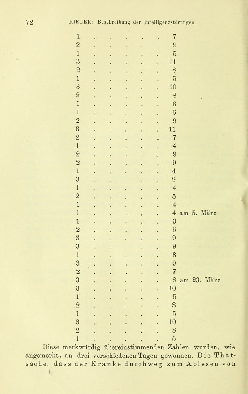 1 2 1 B 2 1 3 2 1 1 2 3 2 1 2 2 1 3 1 2 1 1 1 2 3 3 1 3 2 3 3 1 2 1 3 2 1 7 9 5 11 8 5 10 8 6 6 9 11 7 4 9 9 4 9 4 5 4 4 am 5. März 3 6 9 9 3 9 7 8 am 23. März 10 5 8 5 10 8 5 Diese merkwürdig übereinstimmenden Zahlen wurden, wie angemerkt, an drei verschiedenen Tagen gewonnen. Die That- sache, dass der Kranke durchweg zum Ablesen von