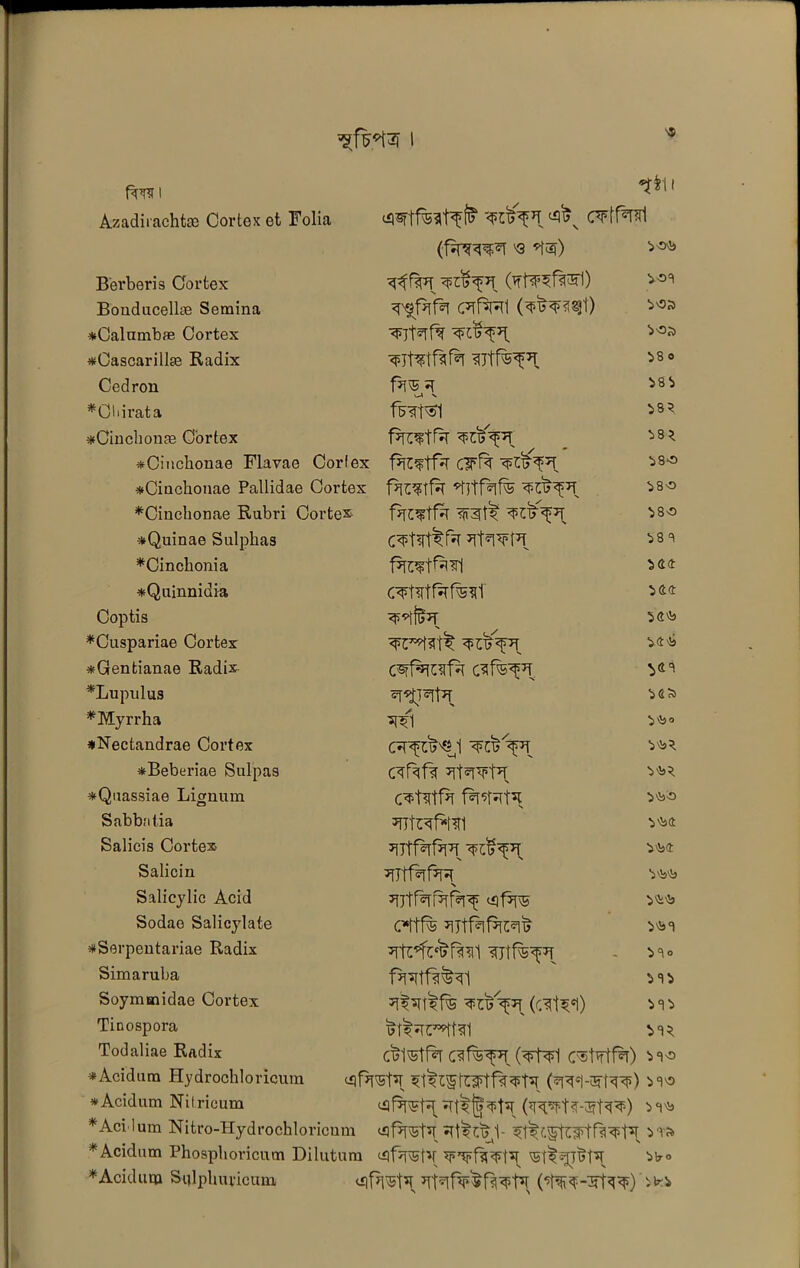 ftni / *** Azadirachtsc Cortes et Folia aWtfarMfr --rtS^T 'Si% CTtfasI B'erberis Cortex ^f?Td <(sUj<J>*T i-oa Bonducellm Semina iOS *Calnmbae Cortex *Cascarilke Radix 180 Cedron i>8b #Cliirata f5<Tb®1 >83 *Cinchona3 Cortex >8* *Cinckouae Flavae Cortex 1%ftfd cwfo >8-0 *Cincbonae Pallidae Cortex famfa *rrtf*if® ^rcfapt >80 *Cinckonae Rnbri Cortex <rat^ ^80 -*Quinae Sulphas >8 8 *Cinckonia *Quinnidia >44 Coptis >4^ *Cuspariae Cortex >4© *Gentianae Radix v,48 *Lupulus «T‘sJj®rt5T >GS> *Myrrha i'Sja *Nectandrae Cortex C^Tf 1 ^pT >^3 *Beberiae Sulpas >*>3 *Quassiae Lignum >3sO Sabbatia >^4 Salicis Cortex >^4 Salicin *TJtf%f*rc >33© Salicylic Acid >©© Sodae Salicjdate Cftfe >©8 *Serpentariae Radix Simaruba f*Rtf?t^1 >S> Soymtnidae Cortex >8> Tinospora >83 Todaliae Radix c^1©tf% cif^pr fafai o®Wf®0 >80 *Acidura Hydrochloricum 0?Re|-i5K<[>) >80 *Acidum Nitricum >8© *AcMum Nitro-IIydrochloricum uqfwfa srttc^l- ^tstRPtfa^'K >8* *Acidum Phospboricum Dilutum >©° *Acidutn Sulphuvicnm >*>