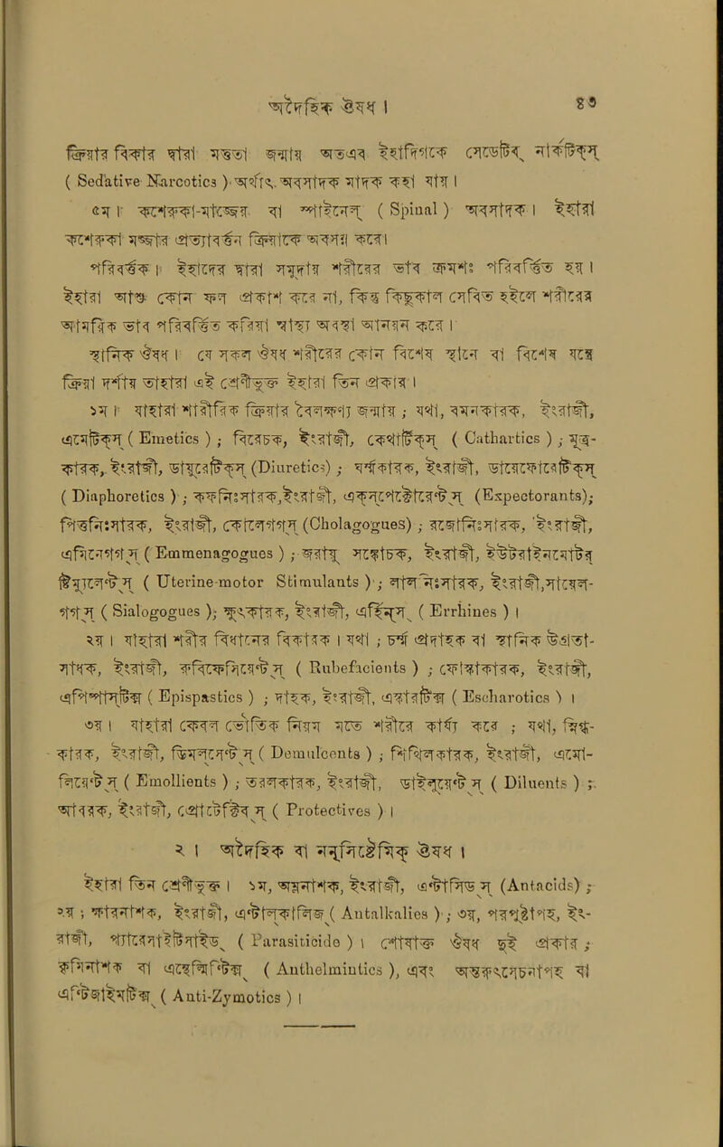 f^<t Thai wN *rs^ c^raliK ^i¥^>r ( Sedative Narcotics ) ’It^ ^1 ^Pl I r ^1 x^f»r^=T ( Spiual ) T5mtfFF I WfeFPl Wfa <2F5jfa^ f^lTTF <BpPT?| ^<TI *tf?RlN^ i- ^^tcfnr ?i<ri ^rsjTffa *fttn<i 3R*U ^ i ^Stal crPr *f*t «rw 'll, f¥s pFf^Ur *Hfa« «ffsjf3fa vU Wl w<?t^T 'sml 'STtW ^£<1 I ^tfvrf^sn ct *r^*i £q«r *tffarcr fm*\4 *$\m tI fat4t* *rcs feill vffa ^ 0^%^ ^1*1 f%*T <2fa>pT I >^1 3t3t?n-»rtftf^^ f^rt3^^*u «r^t3 m«h, ^Thw, ( Emetics ) ; fes<p, C^«ttfl>^>T ( Cathartics ) • ^5- 3*t3^,(Diuretics) ; sj^pR5, 'SftWfcajfr^ ( Diaphoretics ) ; *T (Expectorants); f^WfsrSTt^, C^fal’PfJT (Cholagogues) ; sKSftf^S^i^, iflf5|M^7f ( Emmenagogues ) ;-mH, *rc*tST, ^»fot^rc*rtT>3 f^TC^pT ( Uterine-motor Stimulants ) ; ^Tfa'TTS^rfa^F, ^VSt^b’TtC^f- ( Sialogogues ); ( Errhines ) I *3 I ^Ptl *t?fa %tc*ni fwpRF I W\ ; FTT <2RP>*F ^1 TfpT^ &5fat- TfpRb ( Rubefacients ) ; ^fa'^PljlNr ( Epispastics ) ; TfpRF, ( Eseharotics > 1 *3 I CW4^\ cWtf%^ fw *1^5 *t%3 Tt<7 ; 3«I1, f%^- ^t<T^, Wf#f, ( Demulcents ) • ^<rf®ft, ^1- ( Emollients ) ; WPPpPF, ^<rt#p ( Diluents ) ;. <5rfW, ^Rtsfb C^ft^ t\ ( Protectives ) I \ 1 ^*rf^ ti ^njprcSf^ 1 ^SPrl 1%=T C^Pttlps5 I ^ 'sjfRpfa, ^Wft«rl, (Antacids) ; ®.3 ; *fPtcM*, ( Autalkalies ) ; 03, ^“* 3t^T, ( Parasiticide ) \ c^tW^7 ^’4 ^ ; <r| ( Anthelmintics ), cq^?. ^1 ( Anti-Zymotics ) t