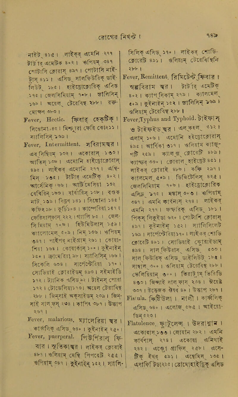 °|S> I ^8 8 3°^ i ^rw, 's8c' c^ttifH GFfaPt. 8»8 i c9tt^tfn Ftt- S'i'i I ^t7!^ ®t^* I ^8<2 I OTfafwK 8-b- I I ^TI^Tv cfalfa* *>V I TS*- CsrW '5’7'3 I Fever, Hectic. f%<Tf^ ' f^TC^I^Tl -8<t I fspBJ^I C^f% C^IO^ I f^rf®T^ ^f*lt5 ^ 80 I «Tt^<F3. CTTf^- ciptt^ 8^ i ^sf^r^rH cfcsfW* **b- I Fever, Remittent. t ^ I 'Swti’f s<>\ I *8S> 1 4os> i ^rrtv4* i *■ 'sfarat^. cfcraft* ^>v1 Fever,Typlius and Typhoid. \q °* 1 3TTtf%fHH I Fever, Intermittent. I -°4s I 8S4 | srt^RJ *8 8 i 4fV fsjTf ^\ft4 I T?tl>t^ 8°3. I 'BltOTf^ f^ I ^>3^ -?s'0 I I I ftW5! >8> I fal^fal >84 > <pfV^ Sb- | ^>ff?>°8 I >48 ' C^f^itH^Fl ^ 1 ’fTtfH v<t l C^^l- fjf UvU 80«» I > 4 s> I 4 0 s I 1 v©f*d^'sT s*>8 8 I v|^9ft I C^tHl- f*[<l1 >^s I >0 0 I <^t*Tt^ Ho i Gptt*ifinri j»h *ntfaf^ ^ > f^^fii ^81 >8» i C^if^tt OFtst^ sao i >8* I Tfrrfa?P 'tlfSps** I frl^PT C*tHl >8* i c^R^ral^8'0i <®rc^ cfertfas ^vi- i f^rtt ^^^tssgvr i f%R- *[\f *»8 l ^tr8 I ^NQt’d ^8 | Fever, malarious, ^<f | <-qf>f\5^vJa8o | ^(jo | Fever, puerperal, f^5f*fafe^ f¥- I I C^T<tl^ 8b-81 'sf^ctH c*if^ thesis ^<u \ ^Pd^tTi.o881 ^tvp4*. i. *ntfa- cf)cyiF >0^ l 8S4 I ^rtf<^1 0>8 I 'Qt7l<l17T ^]t^- V\$ \(t* I SVS 1 030 I Cl>t^t=l ^ 8 4 ^ I 8^ i ^f^5 ' (ioSs I 8?.<t | 8°^ | ^FI5 “i84 I ^t7T'Sosi> I '^t’’f<ltIl •088 | '4Tpl 8 I ^.8 8 I ^b’'5 ' fq^\5l | CVf|^lfif 8^81 1 ^Itf^if^^ i i ®tt^^ r.*ltf® 8 ^ i CTtrentl 8S>8 I 7\p\ 2'3° I Jtm ^^i5® twt i \ ^ v v cofafarfr i 8^0 1 fsfiJtt? 5.08 I 008 t 8S> I Ts^t*t 5-^8 I Fisiula. f^j£'^«Tt I l 4^5^80 1 (iimf:sfN 4^>(t 1 ^rr^ni* f^4^0 I Flatulence Tpt^t^ I > cA v I C^rt^TtH ^b-* l ^8 8 I 5,8^1 e^NQl Sftf^r »-4 \ »9j^ as>^ | boa I I C9tCTl^ftr^