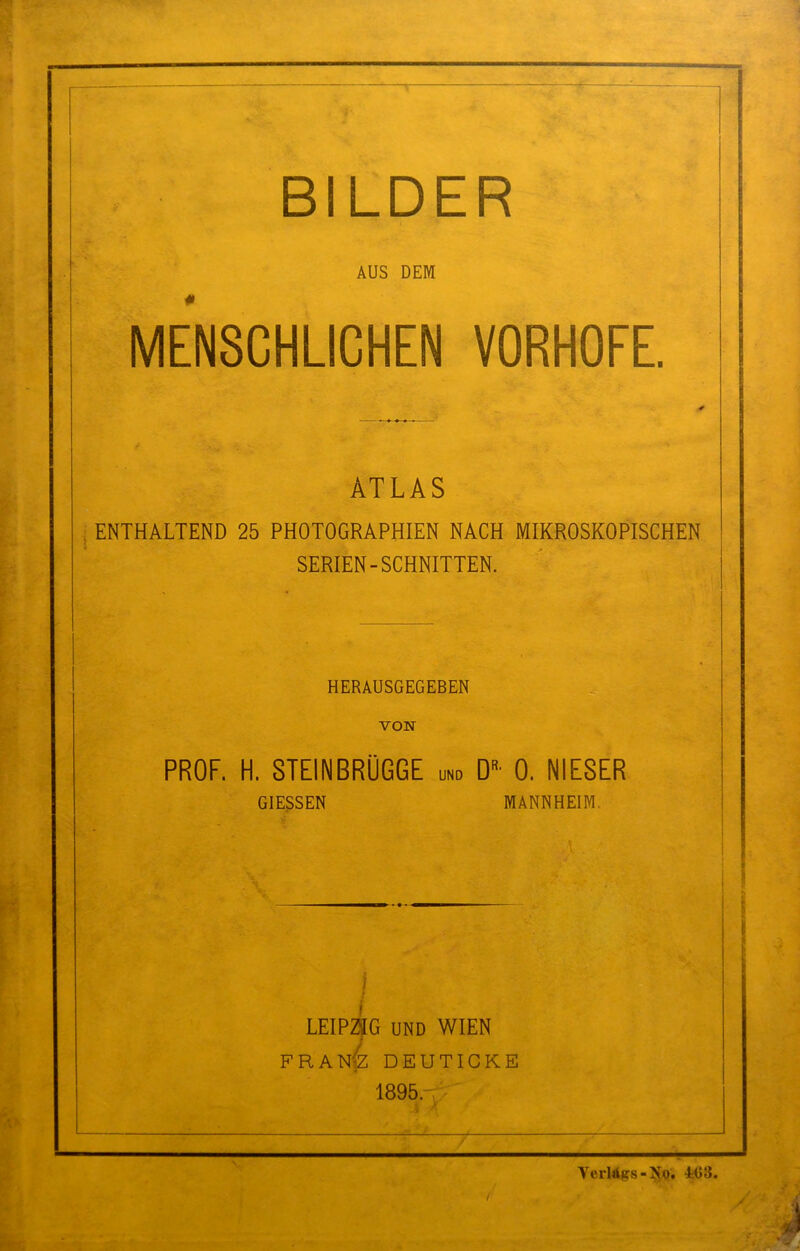 AUS DEM MENSCHLICHEN VORHOFE. ATLAS ENTHALTEND 25 PHOTOGRAPHIEN NACH MIKROSKOPISCHEN SERIEN-SCHNITTEN. HERAUSGEGEBEN VON PROF. H. STEINBRÜGGE und Dr' 0. NIESER GIESSEN MANNHEIM. I ■ LEIPZIG UND WIEN fran4 DEUTICKE 1895. '— Verlags-No. 4K>S.