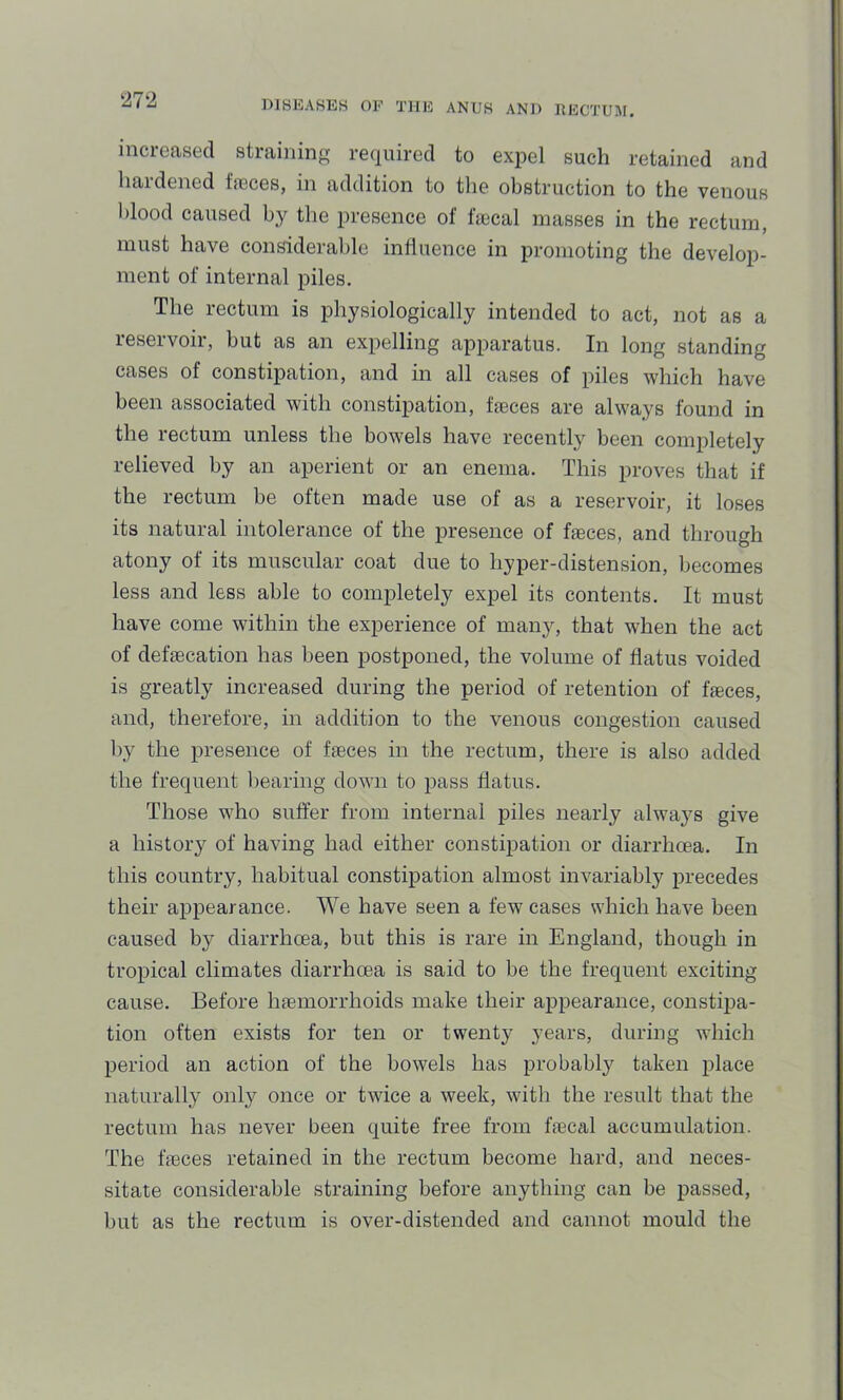 increased straininp; required to expel such retained and hardened freces, in addition to the obstruction to the venous blood caused by the presence of fiecal masses in the rectum, must have considerable influence in promoting the develop- ment of internal piles. The rectum is physiologically intended to act, not as a reservoir, but as an expelling apparatus. In long standing cases of constipation, and in all cases of piles which have been associated with constipation, ffeces are always found in the rectum unless the bowels have recently been completely relieved by an aperient or an enema. This proves that if the rectum be often made use of as a reservoir, it loses its natural intolerance of the presence of ffeces, and through atony of its muscular coat due to hyper-distension, becomes less and less able to completely expel its contents. It must have come within the experience of many, that when the act of deffecation has been postponed, the volume of flatus voided is greatly increased during the period of retention of ffeces, and, therefore, in addition to the venous congestion caused by the presence of ffeces in the rectum, there is also added the frequent bearing down to pass flatus. Those who suffer from internal piles nearly always give a history of having had either constipation or diarrhcea. In this country, habitual constipation almost invariably precedes their appearance. We have seen a few cases which have been caused by diarrhoea, but this is rare in England, though in tropical climates diarrhoea is said to be the frequent exciting cause. Before hfemorrhoids make their appearance, constipa- tion often exists for ten or twenty years, during which period an action of the bowels has probably taken place naturally only once or twice a week, with the result that the rectum has never been quite free from ffecal accumulation. The ffeces retained in the rectum become hard, and neces- sitate considerable straining before anything can be passed, but as the rectum is over-distended and cannot mould the