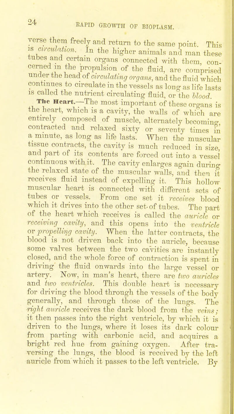 RAPID GROWTH OF BIOPLASM. verse them freely and return to the same point. This IS circulation. In the higher animals and man these tubes and certain organs connected with them, con- cerned m the iaropulsion of the iJuid, are comprised under the head of circulating organs, and the fluid which continues to circulate in the vessels as lono- as life lasts IS called the nutrient circulating fluid, or°the blood Tlie Heart.—The most important of these oro-ans is the heart, which is a cavity, the walls of which are entirely composed of muscle, alternately becomino- contracted and relaxed sixty or seventy times m a minute, as long as life lasts. When the muscular tissue contracts, the cavity is much reduced in size, and part of its contents are forced out into a vessel continuous with it. The cavity enlarges again during the relaxed state of the muscular walls, and then it receives fluid instead of expelling it. This hollow muscular heart is connected with different sets of tubes or vessels. From one set it receives blood which it drives into the other set. of tubes. The part of the heart which receives is called the auricle or receiving cavity, and this opens into the ventricle ov propelling cavitij. When the latter contracts, the blood is not driven back into the auricle, because some valves between the two cavities are instantly closed, and the whole force of contraction is spent in driving the fluid onwards into the large vessel or artery. Now, in man's heart, there are two auricles and two ventricles. This double heart is necessary for driving the blood through the vessels of the body generally, and through those of the lungs. The riglit auricle receives the dark blood from the veins ; it then passes into the right ventricle, by which it is driven to the lungs, where it loses its dark colour from parting with carbonic acid, and acquires a bright red hue from gaining oxygen. After tra- versing the lungs, the blood is received by the left auricle fi'om which it passes to the left ventricle. By