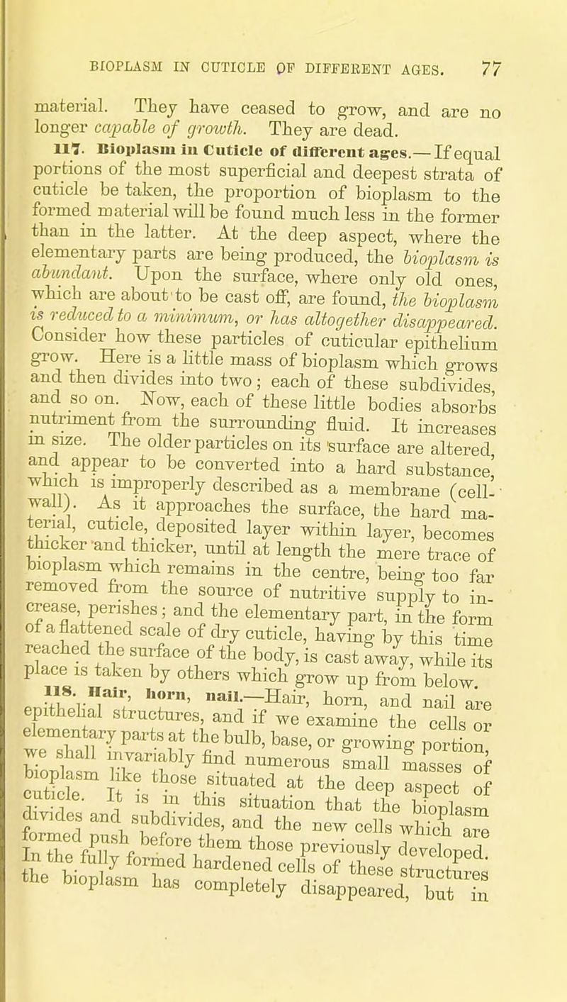 material. They have ceased to grow, and are no longer ccqmble of groioth. They are dead. 117. Bloiilasiu in Cuticle of different ages.— If equal portions of the most superficial and deepest strata of cuticle be taken, the proportion of bioplasm to the formed material will be found much less in the former than in the latter. At the deep aspect, where the elementary parts are being produced, the bioplasm is ahimdant. Upon the surface, where only old ones, which are about to be cast off, are found, the bioplasm IS reduced to a minimum, or has altogether disappeared. Consider how these particles of cuticular epithelium grow. Here is a little mass of bioplasm which grows and then divides into two ; each of these subdivides and so on. Now, each of these little bodies absorbs nutrmient from the surrounding fluid. It increases m size. The older particles on its surface are altered and appear to be converted into a hard substance' which IS improperly described as a membrane (cell-• wallj. As It approaches the surface, the hard ma- terial, cuticle deposited layer within layer, becomes thicker and thicker, until at length the iere trace of bioplasm which remains in the centre, being too far removed fi;om the source of nutritive supply to in- crease peri.shes; and the elementary part, in the form 1 r ^f^ ^'^^ by this time reached the surface of the body, is cast aw^y, while its place IS taken by others which grow up fro£ below 118 flair, horn, nail.—Hair, horn, and nail are epithelial strucfaires, and if we examine the cells elementary parts at the bulb, base, or growing portion we shall mvanably find numerous Lall Masses of ;^^,^^°-,,«.^t-ted at the deep aspect of cuticle, it ,s m this situation that the bioplasm divides and subdivides, and the new cells whTch £X previously rveloped In the fully formed hardened cells of these struSes the bioplasm has completely disappeared, but 