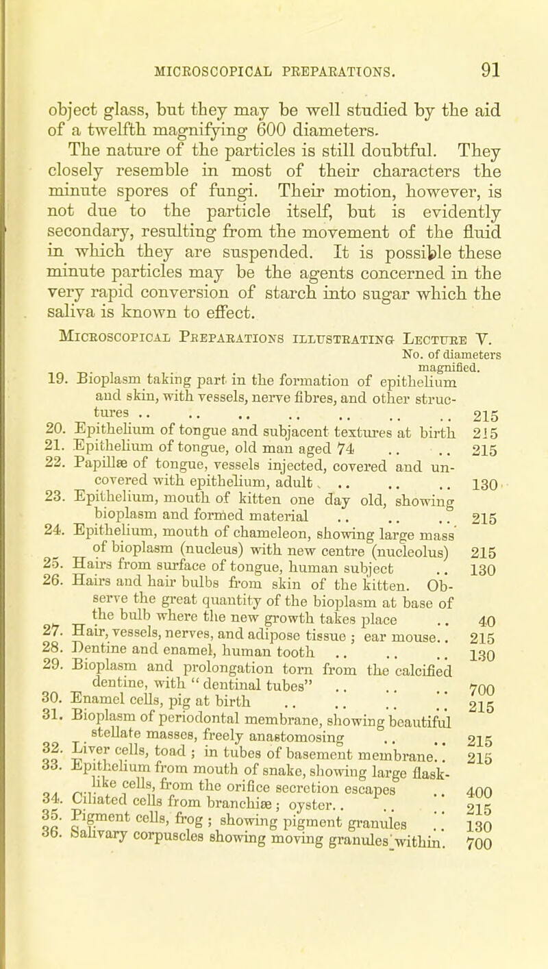 object glass, but they may be well studied by the aid of a twelftb magnifying 600 diameters. The nature of the particles is still doubtful. They closely resemble in most of their characters the mintite spores of fangi. Their motion, however, is not due to the particle itself, but is evidently secondary, resulting from the movement of the fluid in which they are suspended. It is possible these minute particles may be the agents concerned in the very rapid conversion of starch into sugar which the saliva is known to effect. MicEoscopicAii Peepabations illttsteating Lecttjee v. Ko. of diameters inagnified. 19. Bioplasm taking part in the formation of epithelium and skin, with vessels, nerve fibres, and other struc- ^ to-es 215 20. Epithehum of tongue and subjacent textures at birth 215 21. Epithehum of tongue, old man aged 74 .. .. 215 22. Papillae of tongue, vessels injected, covered and un- covered with epithelium, adult... ., .. 130 23. Epithelium, mouth of kitten one day old, showing bioplasm and formed material .. .. ,. 215 24. Epithelium, mouth of chameleon, showing large mass' of bioplasm (nucleus) vdth new centre (nucleolus) 215 25. Hau-3 from surface of tongue, human subject .. 130 26. Hairs and hair bulbs fi-om skin of the kitten. Ob- serve the great quantity of the bioplasm at base of the bulb where the new growth takes place .. 40 27. Hair, vessels, nerves, and adipose tissue ; ear mouse.. 215 28. Dentine and enamel, human tooth 130 29. Bioplasm and prolongation torn from the calcified deutme, with  dentinal tubes 700 30. Enamel cells, pig at birth ]' 215 31. Bioplasm of periodontal membrane, showing beautiful stellate masses, freely anastomosing ., .. 215 of' J^'^^' ' ^^^^^ of basement membrane! * 215 63. Jipithehum from mouth of snake, showing large flask- r^-}- orifice secretion escapes 400 34. Cdiated cells from branehire ; oyster..  215 35. Pigment cells, frog ; showing pigment granules .' 130 db. aahvary corpuscles shovring moving granules within 700