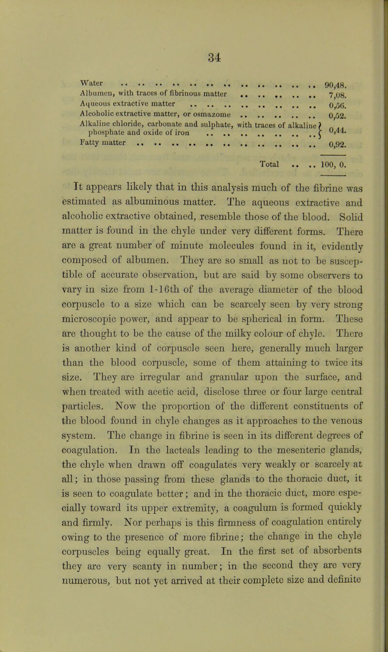 Water Albumen, with traces of fibrinous matter Aqueous extractive matter 90,48. 7,08. 0,56. 0,52. Alcoholic extractive matter, or osmazome Alkaline chloride, carbonate and sulphate, with traces of alkaline phosphate and oxide of iron Fatty matter Total 100, 0. It appears likely that in this analysis much of the fibrine was estimated as albuminous matter. The aqueous extractive and alcoholic extractive obtained, resemble those of the blood. Solid matter is found in the chyle under very different forms. There tible of accurate observation, but are said by some observers to vary in size from 1-16th of the average diameter of the blood corpuscle to a size which can be scarcely seen by very strong microscopic power, and appear to be spherical in form. These are thought to be the cause of the milky colour of chyle. There is another kind of corpuscle seen here, generally much larger than the blood corpuscle, some of them attaining to twice its size. They are irregular and granular upon the surface, and when treated with acetic acid, disclose three or four large central particles. Now the proportion of the different constituents of the blood found in chyle changes as it approaches to the venous system. The change in fibrine is seen in its different degrees of coagulation. In the lacteals leading to the mesenteric glands, the chyle when drawn off coagulates very weakly or scarcely at all; in those passing from these glands to the thoracic duct, it is seen to coagulate better; and in the thoracic duct, more espe- cially toward its upper extremity, a coagulum is formed quickly and firmly. Nor perhaps is this firmness of coagulation entirely owing to the presence of more fibrine; the change in the chyle corpuscles being equally great. In the first set of absorbents they are very scanty in number; in the second they are very numerous, but not yet arrived at their complete size and definite are a great number of minute molecules found in it, evidently composed of albumen. They are so small as not to be suscep-