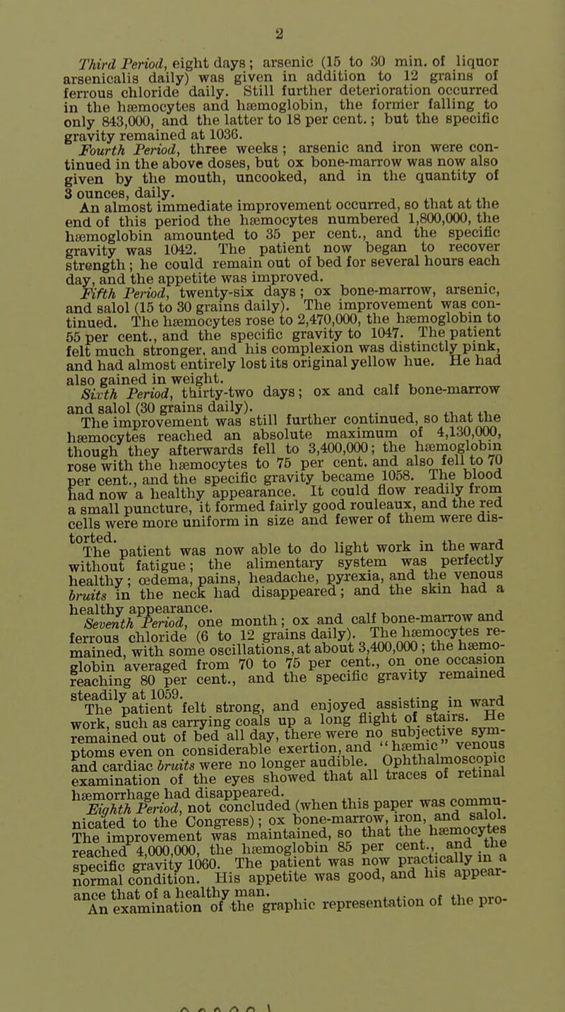 Third Period, eight days; arsenic (15 to 30 min. of liquor arsenicalis daily) was given in addition to 12 grains of ferrous chloride daily. Still further deterioration occurred in the hsemocytes and haemoglobin, the foririer falling to only 843,000, and the latter to 18 per cent.; but the specific gravity remained at 1036. Fourth Period, three weeks; arsenic and iron were con- tinued in the above doses, but ox bone-marrow was now also given by the mouth, uncooked, and in the quantity of 3 ounces, daily. ^, i. . An almost immediate improvement occurred, so that at tiie end of this period the htemocytes numbered 1,800,000, the hajmoglobin amounted to 35 per cent., and the specific gravity was 1042. The patient now began to recover strength; he could remain out of bed for several hours each day, and the appetite was improved. Fifth Period, twenty-six days; ox bone-marrow, arsenic, and salol (15 to 30 grains daily). The improvement was con- tinued. The h£emocytes rose to 2,470,000, the hsemoglobm to 55 per cent., and the specific gravity to 1047. The patient felt much stronger, and his complexion was distinctly pink, and had almost entirely lost its original yellow hue. He had also gained in weight. ^ „ ^ „ Sivth Period, thirty-two days; ox and calf bone-marrow and salol (30 grains daily). .i, * „ The improvement was still further continued, so that the haemocytes reached an absolute maximum of 4,130,000, though they afterwards fell to 3,400,000; the hsemoglobin rose with the h^mocytes to 75 per cent, and also fell to 70 per cent., and the specific gravity became 1058. The blood had now a healthy appearance. It could flow readily from a small puncture, it formed fairly good rouleaux, and the red cells were more uniform in size and fewer of them were dis- ^'^The'patient was now able to do light work in the ward without fatigue; the alimentary system was perfectly healthy ; oedema, pains, headache, pyrexia, and the venous brtdts in the neck had disappeared; and the skin had a ^SiS^^erioT'^one month; ox and calf bone-mai-row and ferrous chloride (6 to 12 grains daily). The haemocytes re- rnained, with some oscillations, at about 3,400,000; the haemo- globin averaged from 70 to 75 per cent., on one occasion reaching 80 per cent., and the specific gravity remained ^^Tlfe^patienf'felt strong, and enjoyed assisting in ward work, such as carrying coals up a long fiight of stairs. He rema ned out of bed all day, there were no s^ubject ve sym- ptoms even on considerable exertion, and mic venous Q cardiac bruits were no longer audible. Opl^tlf Ofl??!^ examination of the eyes showed that all traces of retinal ^E^T&^^'^SL (When this paper was commu- ^Kp^e^i^eSt^^^^^^^^^^^^^ reach^ 4,000,000, the haemoglobin 85 per cent.,, and the snecific gravity 1060. The patient was now practically in a normal condition. His appetite was good, and his appear- ance that of a healthy man. . ^„f:„„ „f tho nro- An examination of the graphic representation of the pro- /\ A \