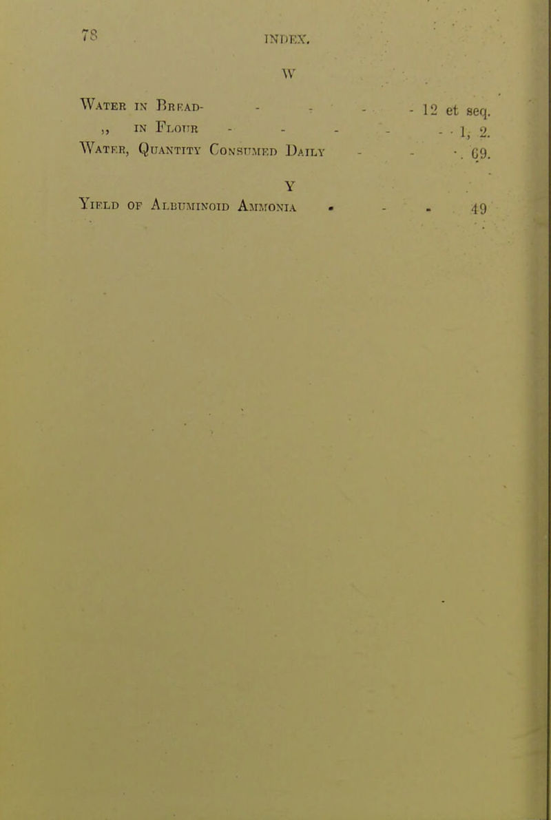 W Water in Brrad- IN Flotir Watkr, Quantity Constimkd Daily Y YiKLD OF Albuminoid AmroNiA