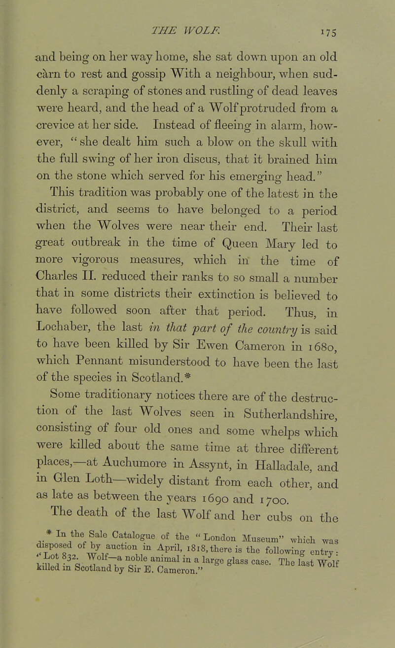 and being on her way home, she sat down upon an old ckrn to rest and gossip With a neighbour, when sud- denly a scraping of stones and rustling of dead leaves were heard, and the head of a Wolf protruded from a crevice at her side. Instead of fleeing in alarm, how- ever,  she dealt him such a blow on the skull with the full swing of her iron discus, that it brained him on the stone which served for his emerging head. This tradition was probably one of the latest in the district, and seems to have belonged to a period when the Wolves were near their end. Their last great outbreak in the time of Queen Mary led to more vigorous measures, which in the time of Charles II. reduced their ranks to so small a number that in some districts their extinction is believed to have followed soon after that period. Thus, in Lochaber, the last in that part of the country is said to have been killed by Sir Ewen Cameron in 1680, which Pennant misunderstood to have been the last of the species in Scotland.* Some traditionary notices there are of the destruc- tion of the last Wolves seen in Sutherlandshire, consisting of four old ones and some whelps which were killed about the same time at three different places,—at Auchumore in Assynt, in Halladale, and in Glen Loth—widely distant from each other, and as late as between the years 1690 and 1700. The death of the last Wolf and her cubs on the * In the Sale Catalogue of the London Museum which was ^Sfsl W ir'''\^ ^P^\l'.^8^8'^l^<^^ei« the following entry: vr! 1 ^ Q ^^ 7^ S^^ ^''''^^^ ^^'^^ The last Wolf killed m Scotland by Sir E. Cameron.