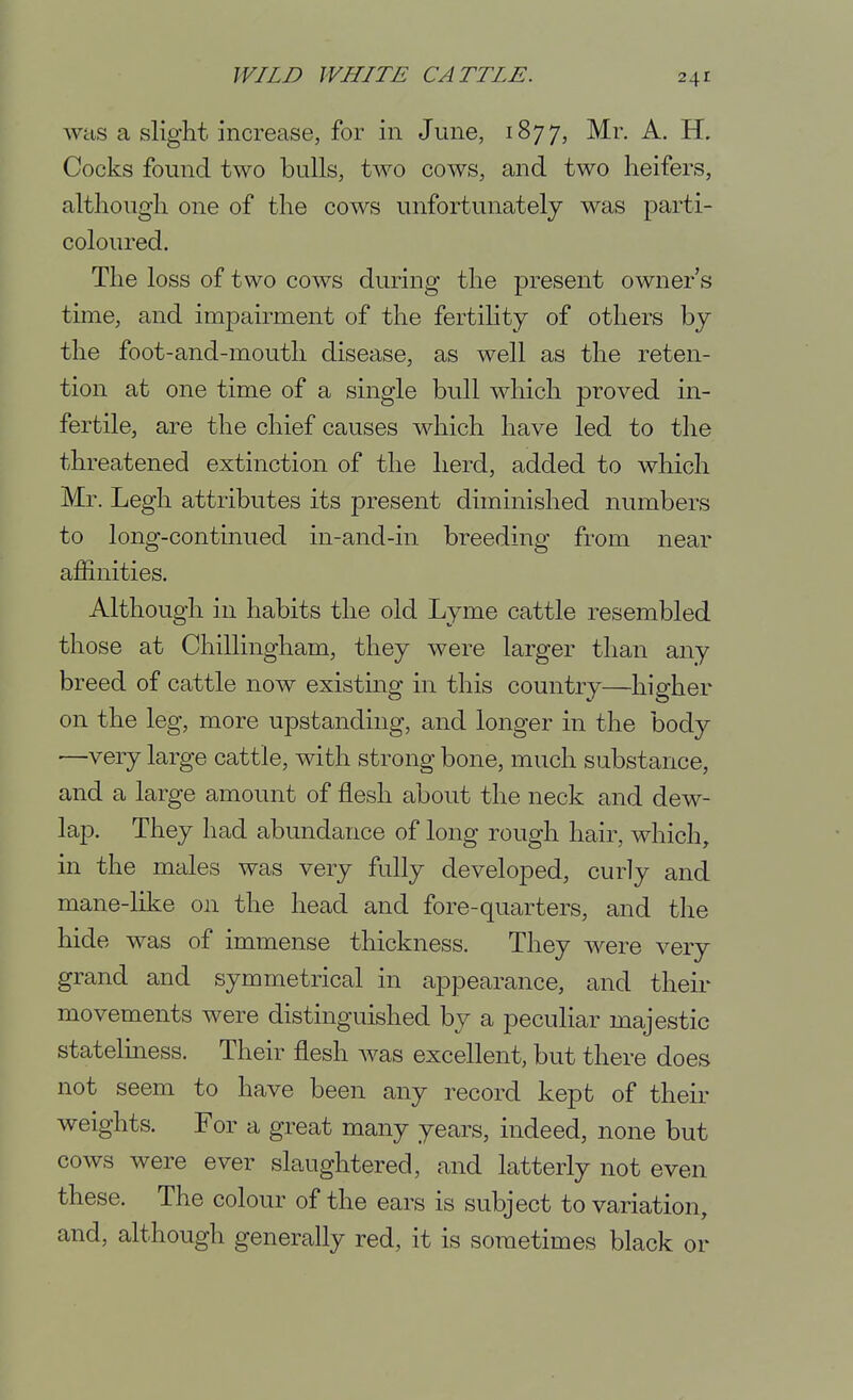 was a slight increase, for in June, 1877, Mr. A, H. Cocks found two bulls, two cows, and two heifers, although one of the cows unfortunately was parti- coloured. The loss of two cows during the present owner's time, and impairment of the fertihty of others by the foot-and-mouth disease, as well as the reten- tion at one time of a single bull which proved in- fertile, are the chief causes which have led to the threatened extinction of the herd, added to which Mr. Legh attributes its present diminished numbers to long-continued in-and-in breeding from near affinities. Although in habits the old Lyme cattle resembled those at Chillingham, they were larger than any breed of cattle now existing in this country—higher on the leg, more upstanding, and longer in the body ■—very large cattle, with strong bone, much substance, and a large amount of flesh about the neck and dew- lap. They had abundance of long rough hair, which, in the males was very fully developed, curly and mane-like on the head and fore-quarters, and the hide was of immense thickness. They were very grand and symmetrical in appearance, and their movements were distinguished by a peculiar majestic stateliness. Their flesh was excellent, but there does not seem to have been any record kept of their weights. For a great many years, indeed, none but cows were ever slaughtered, and latterly not even these. The colour of the ears is subject to variation, and, although generahy red, it is sometimes black or