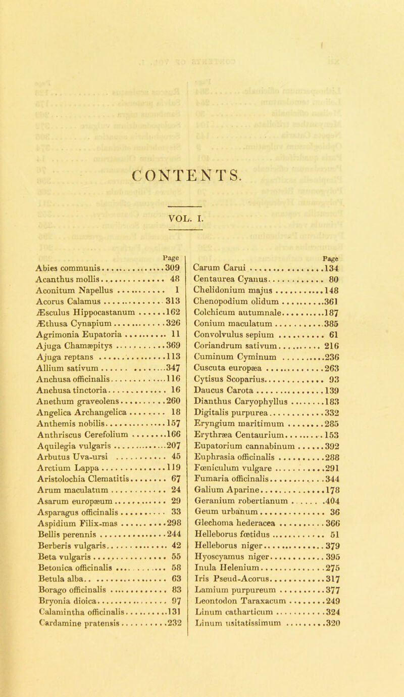 CONTENTS. VOL. I. Page Abies communis 309 Acanthus mollis.. 48 Aconitum Napellus 1 Acorus Calamus .313 /Esculus Hippocastanum 102 Althusa Cynapium 326 Agrimonia Eupatoria 11 Ajuga Chamaepitys 369 Ajuga reptans 113 Allium sativum 347 Anchusa officinalis 116 Anchusa tinctoria 16 Anethum graveolens 260 Angelica Archangelica 18 Anthemis nobilis 157 Anthriscus Cerefolium 166 Aquilegia vulgaris 207 Arbutus Uva-ursi 45 Arctium Lappa 119 Aristolochia Clematitis 67 Arum maculatum 24 Asarum europaeum 29 Asparagus officinalis 33 Aspidium Filix-mas 298 Beilis perennis 244 Berberis vulgaris 42 Beta vulgaris 55 Betonica officinalis 58 Betula alba 63 Borago officinalis 83 Bryonia dioica 97 Calamintha officinalis 131 Cardamine pratensis 232 Page Carum Carui 134 Centaurea Cyanus 80 Chelidonium majus 148 Chenopodium olidum 361 Colchicum autumnale 187 Conium maculatum .385 Convolvulus sepium 61 Coriandrum sativum 216 Cuminum Cyminum 236 Cuscuta europaea 263 Cytisus Scoparius 93 Daucus Carota 139 Dianthus Caryophyllus 183 Digitalis purpurea 332 Eryngium maritimum 285 Erythraea Centaurium .153 Eupatorium cannabinum 392 Euphrasia officinalis 288 Foeniculum vulgare 291 Fumaria officinalis .344 Galium Aparine 178 Geranium robertianum 404 Geum urbanum 36 Glechoma hederacea 366 Helleborus foetidus 51 Helleborus niger 379 Hyoscyamus niger 395 Inula Ilelenium 275 Iris Pseud-Acorus 317 Lamium purpureum 377 Leontodon Taraxacum 249 Linum catharticum 324 Linum usitatissimum 320