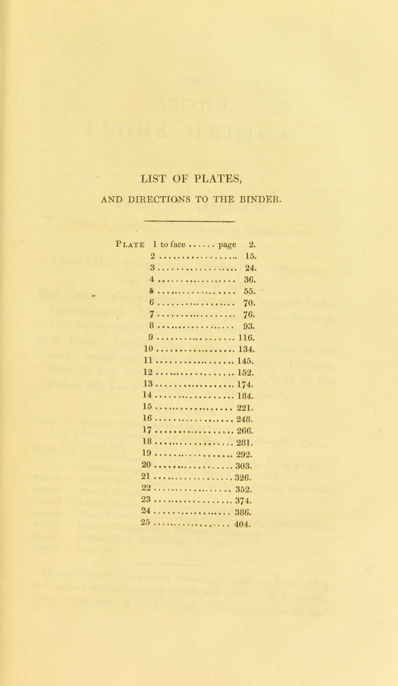 LIST OF PLATES, AND DIRECTIONS TO THE BINDER. Plate 1 to face page 2. 2 15. 3 24. 4 36. 5 55. 6 70. 7 76. 8 93. 9 116. 10 134. 11 145. 12 152. 13 174. 14 184. 15 221. 16 248. 17 266. 18 281. 19 292. 20 303. 21 326. 22 23 374. 24 386. 25 404.