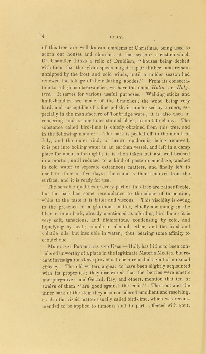 of this tree are well known emblems of Christmas, being used to adorn our houses and churches at that season; a custom which Dr. Chandler thinks a relic of Druidism, ” houses being decked with them that the sylvan spirits might repair thither, and remain unnipped by the frost and cold winds, until a milder season had renewed the foliage of their darling abodes. From its consecra- tion to religious observancies, we have the name Holly i. e. Holy- tree. It serves for various useful purposes. Walking-sticks and knife-handles are made of the branches ; the wood being very hard, and susceptible of a fine polish, is much used by turners, es- pecially in the manufacture of Tonbridge ware ; it is also used in veneering, and is sometimes stained black, to imitate ebony. The substance called bird-lime is chiefly obtained from this tree, and in the following manner:—The bark is peeled off in the month of July, and the outer rind, or brown epidermis, being removed, it is put into boiling water in an earthen vessel, and left in a damp place for about a fortnight; it is then taken out and well bruised in a mortar, until reduced to a kind of paste or mucilage, washed in cold water to separate extraneous matters, and finally left to itself for four or five days ; the scum is then removed from the surface, and it is ready for use. The sensible qualities of every part of this tree are rather feeble, but the bark has some resemblance to the odour of turpentine, while to the taste it is bitter and viscous. This viscidity is owing to the presence of a glutinous matter, chiefly abounding in the liber or inner bark, already mentioned as affording bird-lime ; it is very soft, tenacious, and filamentous, condensing by cold, and liquefying by heat; soluble in alcohol, ether, and the fixed and volatile oils, but insoluble in water; thus bearing some affinity to caoutchouc. Medicinal Properties and Uses.—Holly has hitherto been con- sidered unworthy of a place in the legitimate Materia Medica, but re- cent investigations have proved it to be a remedial agent of no small efficacy. The old writers appear to have been slightly acquainted with its properties; they discovered that the berries were emetic and purgative; and Gerard, Ray, and others, mention that ten or twelve of them “ are good against the colic. The root and the inner bark of the stem they also considered emollient and resolving, as also the viscid matter usually called bird-lime, which was recom- mended to be applied to tumours and to parts affected with gout.