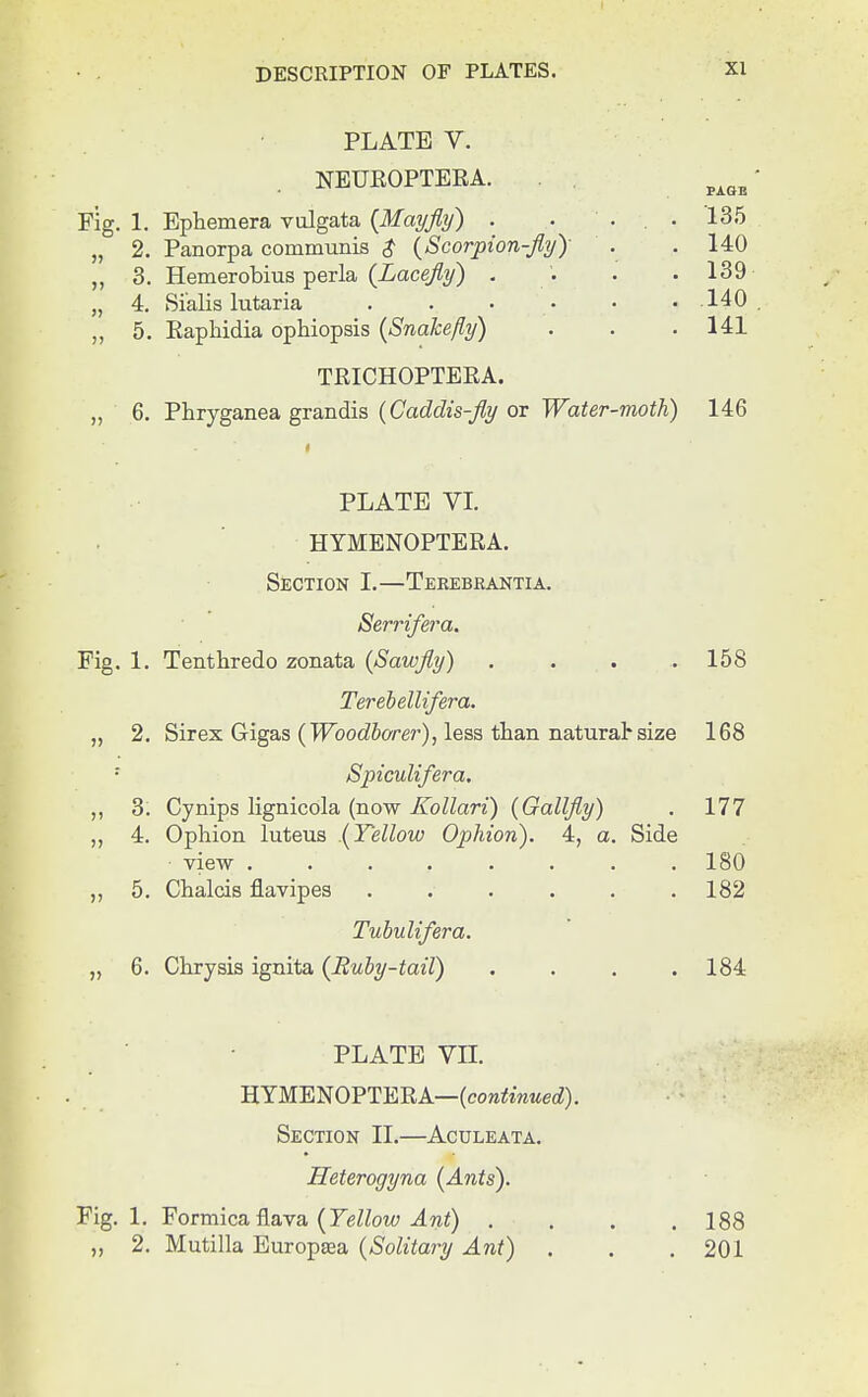 135 140 139 .140 141 PLATE V. NEUKOPTEKA. Fig. 1. Ephemera vulgata {Mayfly) . „ 2. Panorpa communis $ {Scorpion-fly)- „ 3. Hemerobius per la {Lacefly) . „ 4. Si'alis lutaria „ 5. Kaphidia ophiopsis {Snakefly) TRICHOPTERA. „ 6. Phryganea grandis {Caddis-fly or Water-moth) 146 PLATE VI. HYMENOPTERA. Section I.—Teeebrantia. Serrifera. Fig. 1. Tenthredo zonata {Sawfly) .... 158 Terebellifera. „ 2. Sirex Gigas {Woodborer), less than natural*size 168 : Spiculifera. ,, 3. Cynips lignicola (now Kollari) {Gallfly) . 177 4. Ophion luteus .{Yellow Ophion). 4, a. Side • view ........ 180 5. Chalcis flavipes . . . . . .182 Tubulifera. „ 6. Chrysis ignita {Ruby-tail) .... 184 PLATE VII. HYMENOPTERA—{continued). Section II.—Aculeata. Heterogyna {Ants). Fig. 1. Formicaflava {Yellow Ant) . . . .188 ,, 2. Mutilla EuropEea {Solitary Ant) . . . 201