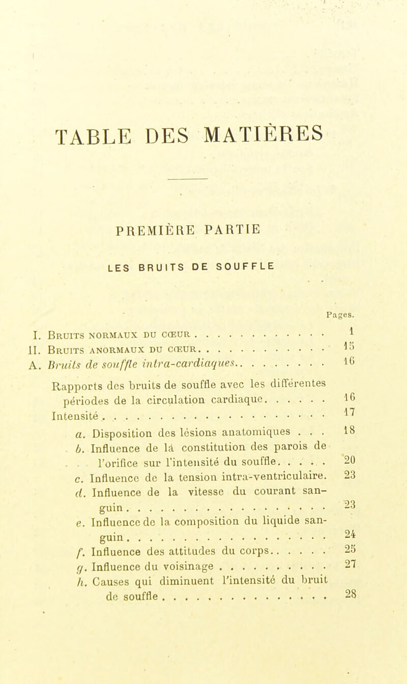 TABLE DES MATIÈRES PREMIÈRE PARTIE LES BRUITS DE SOUFFLE Pages. I. Bruits normaux du cœur 1 II. Bruits anormaux du cœur A. Bruits de souffle intra-cardiaques 16 Rapports des bruits de souffle avec les différentes périodes de la circulation cardiaque 16 Intensité '^^ a. Disposition des lésions anatomiques ... 18 b. Influence de là constitution des parois de l'orifice sur l'intensité du souffle 20 c. Influence de la tension intra-ventriculaire. 23 d. Influence de la vitesse du courant san- guin -^ e. Influence de la composition du liquide san- guin 24 f. Influence des attitudes du corps 23 f). Influence du voisinage 27 h. Causes qui diminuent l'intensité du bruit de souffle 28