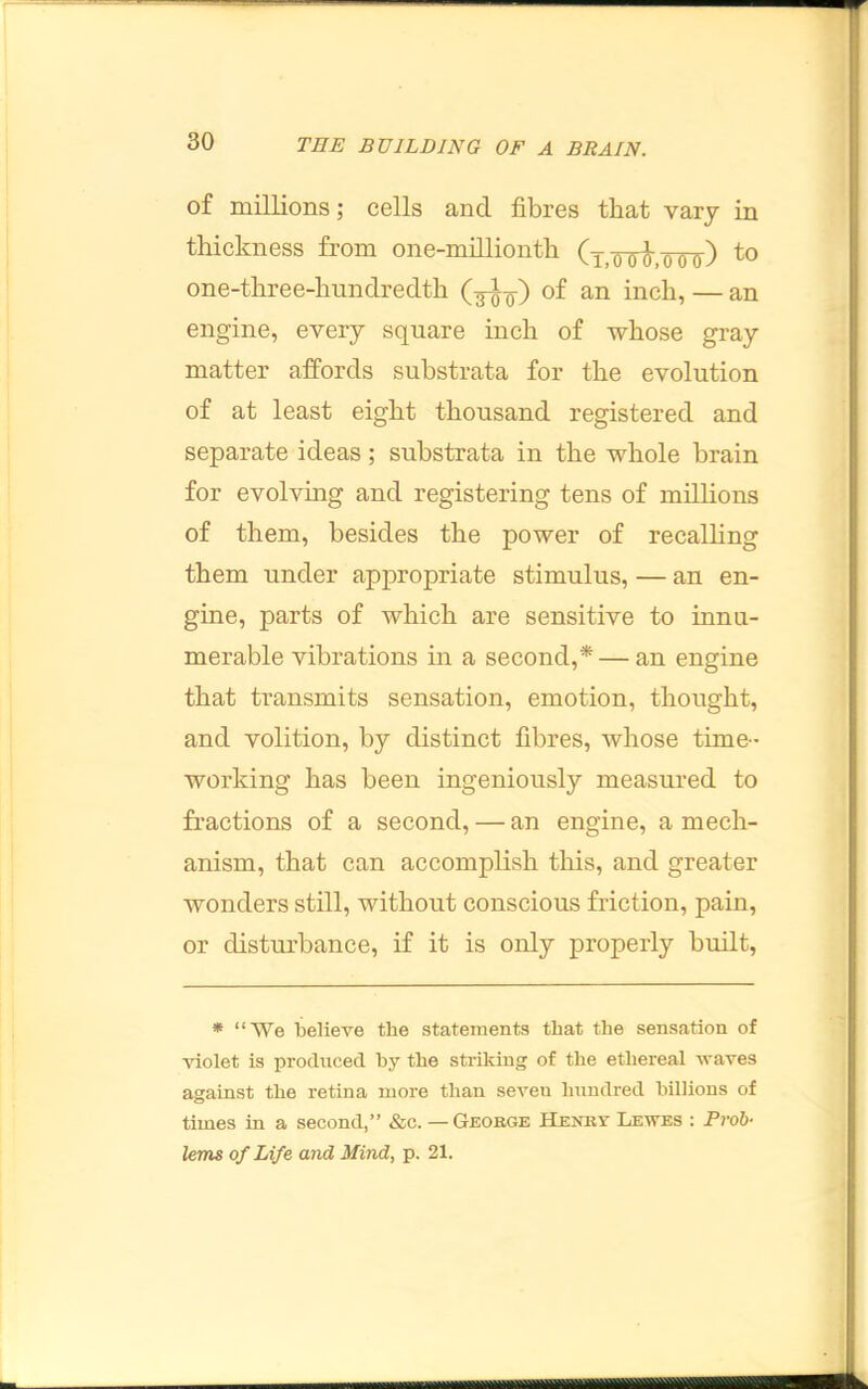 of millions; cells and. fibres that vary in thickness from one-millionth (i,-girJ-,oT0') to one-three-hundredth of an inch, — an engine, every square inch of whose gray matter alfords substrata for the evolution of at least eight thousand registered and separate ideas; substrata in the whole brain for evolvmg and registering tens of mdlions of them, besides the power of recalhng them under appropriate stimulus, — an en- gine, parts of which are sensitive to innu- merable vibrations in a second,* — an engine that transmits sensation, emotion, thought, and volition, by distinct fibres, whose time- working has been ingeniously measured to fractions of a second, — an engine, a mech- anism, that can accomplish this, and greater wonders still, without conscious friction, pain, or distm’bance, if it is only properly built, * “We believe the statements that the sensation of ■vnolet is procUiced by the striking of the ethereal waves against the retina more than seven hundred billions of times in a second,” &c. — Geobge Henky Lewes : Prob- lems of Life and Mind, p. 21.