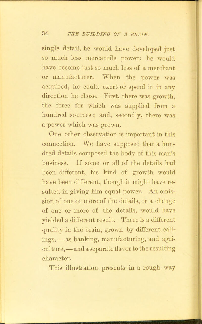 single detail, he would have developed just so much less mercantile power: he Avould have become just so much less of a merchant or manufacturer. When the power was acquired, he could exert or spend it in any direction he chose. First, there was growth, the force for which was supplied from a hundred sources; and, secondly, there was a power which was grown. One other observation is important in this connection. We have supposed that a hun- dred details composed the body of this man’s business. If some or all of the details had been different, his kind of growth would have been different, though it might have re- sulted in giving him equal power. An omis- sion of one or more of the details, or a change of one or more of the details, woidd have yielded a different result. There is a different quality in the brain, grown by different call- ings, — as banking, manufacturing, and agri- culture,— and a separate flavor to the resulting character. This illustration presents in a rough way