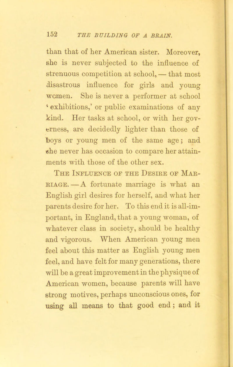 than that of her American sister. Moreover, she is never subjected to the influence of strenuous competition at school, — that most disastrous influence for girls and young vromen. She is never a performer at school ‘ exhibitions,’ or public examinations of any hind. Her tasks at school, or with her gov- erness, are decidedly lighter than those of boys or young men of the same age; and «he never has occasion to compare her attain- ments with those of the other sex. The Influence of the Deshie of Mak- RIAGE. — A fortunate marriage is what an English girl desires for herself, and what her parents desire for her. To this end it is all-im- portant, in England, that a young woman, of whatever class in society, should be healthy and vigorous. When American young men feel about this matter as English young men feel, and have felt for many generations, there will be a great improvement in the physique of American women, because parents will have strong motives, perhaps unconscious ones, for using all means to that good end; and it