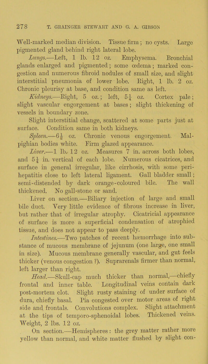 Well-marked median division. Tissue firm; no cysts. Large pigmented gland behind right lateral lobe. Lungs.—Left, 1 lb. 12 oz. Emphysema. Bronchial glands enlarged and pigmented; some oedema; marked con- gestion and numerous fibroid nodules of small size, and slight interstitial pneumonia of lower lobe. Bight, 1 lb. 2 oz. Chronic pleurisy at base, and condition same as left. Kidneys.—Bight, 5 oz.; left, 5j oz. Cortex pale; slight vascular engorgement at bases; slight thickening of vessels in boundary zone. Slight interstitial change, scattered at some parts just at surface. Condition same in both kidneys. Silicon.—Gj| oz. Chronic venous engorgement. Mal- pighian bodies white. Firm glazed appearance. Liver.—1 lb. 12 oz. Measures 7 in. across both lobes, and 51 in. vertical of each lobe. Numerous cicatrices, and surface in general irregular, like cirrhosis, with some peri- hepatitis close to left lateral ligament. Gall bladder small; semi-distended by dark orange- coloured bile. The wall thickened. No gall-stone or sand. Liver on section.—Biliary injection of large and small bile duct. Very little evidence of fibrous increase in liver, but rather that of irregular atrophy. Cicatricial appearance of surface is more a superficial condensation of atrophied tissue, and does not appear to pass deeply. Lntcstincs.—Two patches of recent haemorrhage into sub- stance of mucous membrane of jejunum (one large, one small iii size). Mucous membrane generally vascular, and gut feels thicker (venous congestion ?). Suprarenals firmer than normal, left larger than right. Head.—Skull-cap much thicker than normal,—chiefly frontal and inner table. Longitudinal veins contain dark post-mortem clot. Slight rusty staining of under surface of dura, chiefly basal. Bia congested over motor areas of right side and frontals. Convolutions complex. Slight attachment at the tips of temporo-sphenoidal lobes. Thickened veins. Weight, 2 lbs. 12 oz. On section.—Hemispheres: the grey matter rather more yellow than normal, and white matter flushed by slight con-