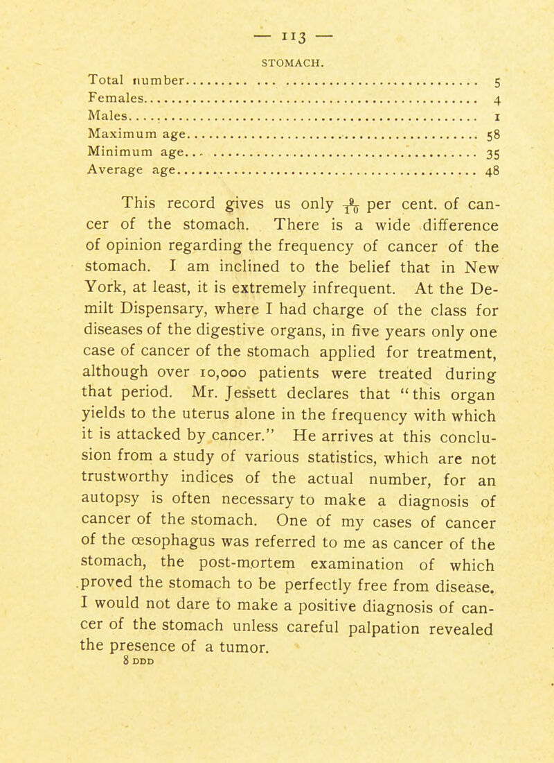 STOMACH. Total number 5 Females 4 Males I Maximum age 58 Minimum age.., 35 Average age 48 This record gives us only ^ per cent, of can- cer of the stomach. There is a wide difference of opinion regarding the frequency of cancer of the stomach. I am inclined to the belief that in New York, at least, it is extremely infrequent. At the De- milt Dispensary, where I had charge of the class for diseases of the digestive organs, in five years only one case of cancer of the stomach applied for treatment, although over 10,000 patients were treated during that period. Mr. Jessett declares that this organ yields to the uterus alone in the frequency with which it is attacked by cancer. He arrives at this conclu- sion from a study of various statistics, which are not trustworthy indices of the actual number, for an autopsy is often necessary to make a diagnosis of cancer of the stomach. One of my cases of cancer of the oesophagus was referred to me as cancer of the stomach, the post-mortem examination of which .proved the stomach to be perfectly free from disease. I would not dare to make a positive diagnosis of can- cer of the stomach unless careful palpation revealed the presence of a tumor. 8 DDO