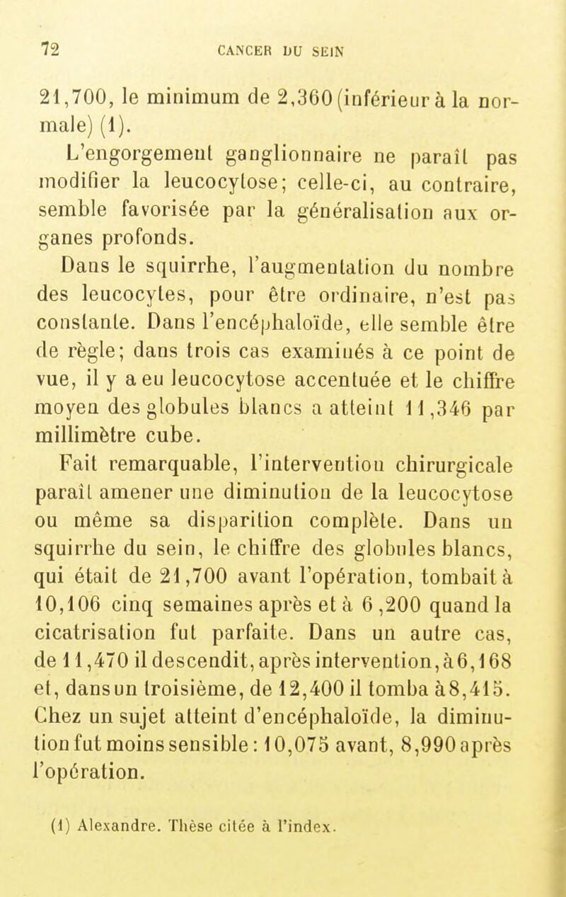 21,700, le minimum de 2,360 (inférieur à la nor- male) (1). L'engorgement ganglionnaire ne paraîl pas modifier la leucocylose; celle-ci, au contraire, semble favorisée par la généralisation aux or- ganes profonds. Dans le squirrhe, l'augmentation du nombre des leucocytes, pour être ordinaire, n'est pas constante. Dans l'encéphaloïde, elle semble être de règle; dans trois cas examinés à ce point de vue, il y a eu leucocytose accentuée et le chiffre moyen des globules blancs a atteint M ,346 par millimètre cube. Fait remarquable, l'intervention chirurgicale paraîl amener une diminution de la leucocytose ou même sa disparition complète. Dans un squirrhe du sein, le chiffre des globules blancs, qui était de 21,700 avant l'opération, tombait à 10,106 cinq semaines après et à 6,200 quand la cicatrisation fut parfaite. Dans un autre cas, de 11,470 il descendit, après intervention, à6,168 et, dansun troisième, de 12,400 il tomba à8,41o. Chez un sujet atteint d'encéphaloïde, la diminu- tion fut moins sensible : 10,075 avant, 8,990 après l'opération. (d) Alexandre. Thèse citée à l'index.
