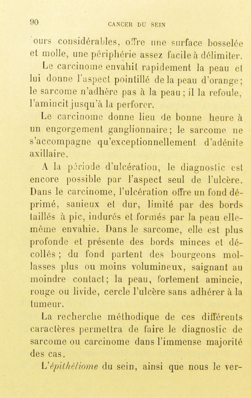 ours considérables, oTre une sorface bosselée el molle, une péripliérie assez facile à délimiter. Le carcinome envaliil rapidement la peau cl lui donne l'aspect pointillé de la peau d'orange; le sarcome n'adhère pas à la peau ; il la refoule, l'amincit jusqu'à la perforer. Le carcinome donne lieu de bonne heure à un engorgement ganglionnaire; le sarcome ne s'accompagne qu'exceptionnellement d'adénite axillaire. A la période d'ulcération, le diagnostic est encore possible par l'aspect seul de l'ulcère. Dans le carcinome, l'ulcération offre un fond dé- primé, sanieux et dur, limité par des bords taillés à pic, indurés et formés par la peau elle- même envahie. Dans le sarcome, elle est plus profonde et présente des bords minces et dé- collés ; du fond partent des bourgeons mol- lasses plus ou moins volumineux, saignant au moindre contact; la peau, fortement amincie, rouge ou livide, cercle l'ulcère sans adhérer à la tumeur. La recherche méthodique de ces différents caractères permettra de faire le diagnostic de sarcome ou carcinome dans l'immense majorité des cas, L'épilhéliome du sein, ainsi que nous le ver-