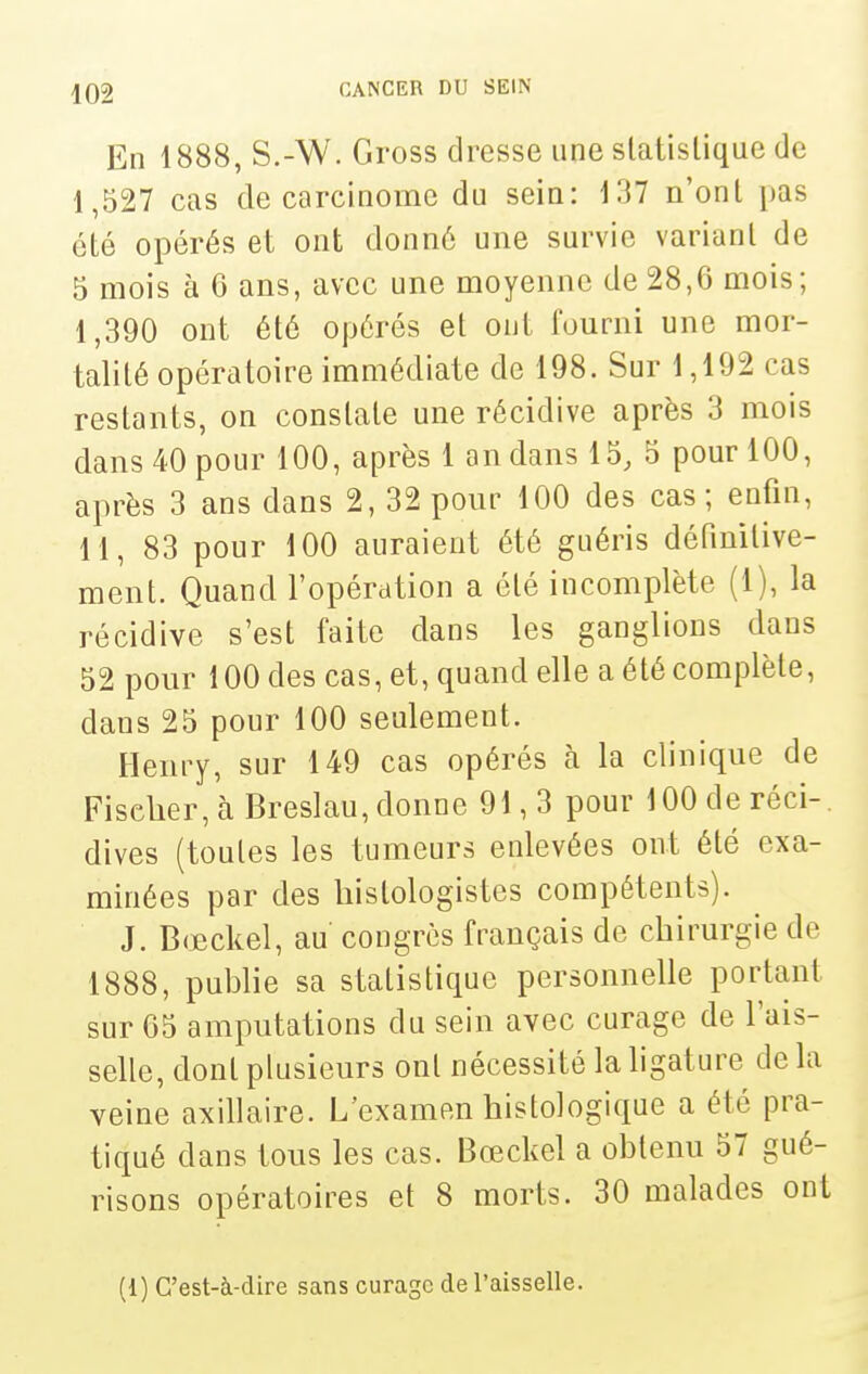 En 1888, S.-W. Gross dresse une statistique de 1,527 cas de carcinome du sein: 137 n'ont pas été opérés et ont donné une survie variant de 5 mois à 6 ans, avec une moyenne de 28,6 mois; I, 390 ont été opérés et ont fourni une mor- talité opératoire immédiate de 198. Sur 1,192 cas restants, on constate une récidive après 3 mois dans 40 pour 100, après 1 an dans 15, 5 pour 100, après 3 ans dans 2, 32 pour 100 des cas ; enfin, II, 83 pour 100 auraient été guéris définitive- ment. Quand l'opération a été incomplète (1), la récidive s'est faite dans les ganglions dans 52 pour 100 des cas, et, quand elle a été complète, dans 25 pour 100 seulement. Henry, sur 149 cas opérés à la clinique de Fischer, à Breslau, donne 91, 3 pour lOOderéci-. dives (toutes les tumeurs enlevées ont été exa- minées par des histologistes compétents). J. Bœckel, au congrès français de chirurgie de 1888, publie sa statistique personnelle portant sur 65 amputations du sein avec curage de l'ais- selle, dont plusieurs ont nécessité la ligature de la veine axillaire. L'examen histologique a été pra- tiqué dans tous les cas. Bœckel a obtenu 57 gué- risons opératoires et 8 morts. 30 malades ont (1) C'est-à-dire sans curage de l'aisselle.