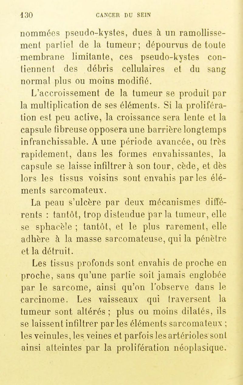 nommées pseudo-kystes, dues à un ramollisse- ment partiel de la tumeur; dépourvus de toute membrane limitante, ces pseudo-kystes con- tiennent des déi^ris cellulaires et du sang normal plus ou moins modifié. L'accroissement de la tumeur se produit par la multiplication de ses éléments. Si la proliféra- lion est peu active, la croissance sera lente et la capsule fibreuse opposera une barrière longtemps infranchissable. Aune période avancée, ou très rapidement, dans les formes envahissantes, la capsule se laisse infiltrer à son tour, cède, et dès lors les tissus voisins sont envahis parles élé- ments sarcomateux. La peau s'ulcère par deux mécanismes diffé- rents : tantôt, trop distendue parla tumeur, elle se sphacèle ; tantôt, et le plus rarement, elle adhère à la masse sarcomateuse, qui la pénètre et la détruit. Les tissus profonds sont envahis de proche en proche, sans qu'une partie soit jamais englobée par le sarcome, ainsi qu'on l'observe dans le carcinome. Les vaisseaux qui traversent la tumeur sont altérés ; plus ou moins dilatés, ils se laissent infiltrer par les éléments sarcomateux ; les veinules, les veines et parfois les artérioles sont ainsi atteintes par la prolifération néoplasique.