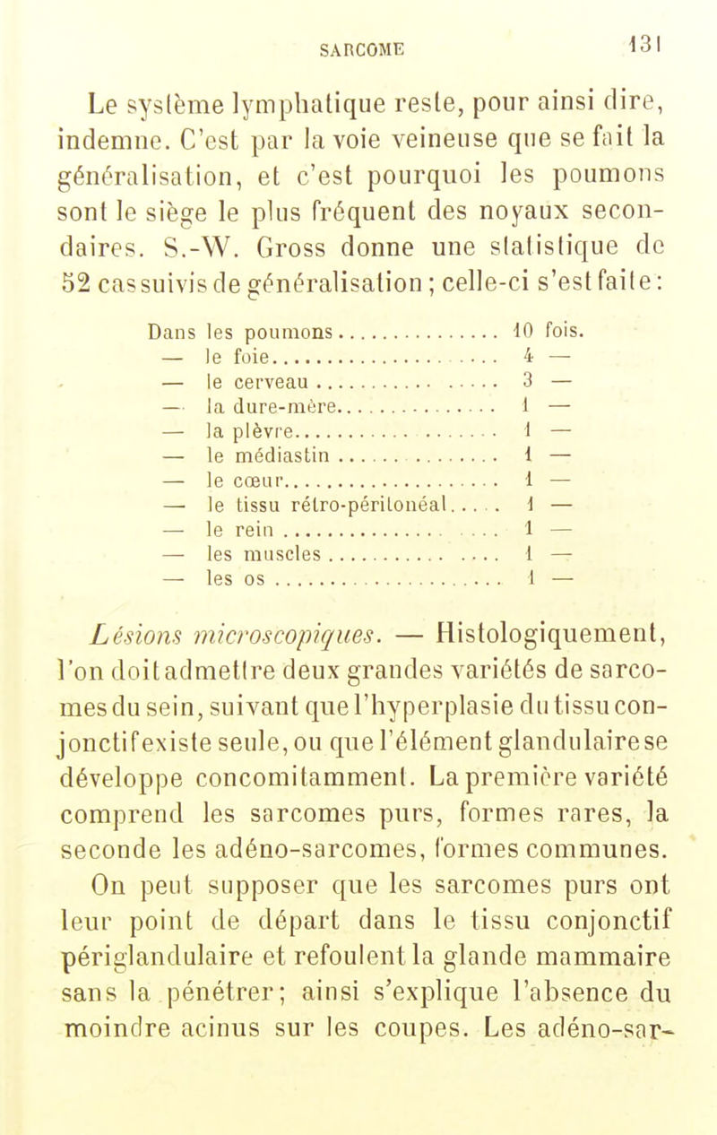 \3\ Le syslème lymphatique reste, pour ainsi dire, indemne. C'est par la voie veineuse que se fait la généralisation, et c'est pourquoi les poumons sont le siège le plus fréquent des noyaux secon- daires. S.-W. Gross donne une statistique de 52 cas suivis de généralisation ; celle-ci s'est faite: Dans les poumons 10 fois. — le foie 4 —• — le cerveau 3 — — la dure-mère 1 — — la plèvre 1 — — le médiastin i — — le cœur 1 — — le tissu rélro-périloiiéal... . i — — le rein 1 — — les muscles 1 — — les os 1 — Lésiom microscopiques. — Histologiqiiement, l'on doit admettre deux grandes variétés de sarco- mes du sein, suivant que l'hyperplasie du tissu con- jonctif existe seule, ou que l'élément glandulaire se développe concomitamment. La première variété comprend les sarcomes purs, formes rares, la seconde les adéno-sarcomes, formes communes. On peut supposer que les sarcomes purs ont leur point de départ dans le tissu conjonctif périglandulaire et refoulent la glande mammaire sans la pénétrer; ainsi s'explique l'absence du moindre acinus sur les coupes. Les adéno-sar-