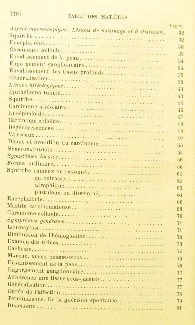 ICO TABLE DES MATIÈRES Aspect macroscopique. Lésions de voisinage el à dislance Squirrhe Eiicéphaloïde Carciuolue colloïde '  Euvahiâsement de la peau Engorgement ganglionnaire Envahissement des tissus profonds Généralisation Lésions histologiques ; Épithélionia tubulé  Squirrhe Carcinome alvéolaire Eucéphaioïde ' Carcinome colloïde Dégénérescences Vaisseaux Début et évolution du carcinome Symptomatologie Symptômes locaux Forme ordinaire Squirrhe rameux ou rayonné — en cuirasse — atrophique — pustuleux ou disséminé Eucéphaioïde Mastite carcinomateuse Carcinome colloïde Symptômes généraux Leucocytose Diminution de l'hémoglobine ! \ Examen des urines Cachexie Marche, dukée, terminaisons Envahissement de la peau Engorgement ganglionnaire Adhérence aux tissus sous-jaceuts Généralisation Durée de raffection Terminaisons. De la guérison spontanée Diagnostic