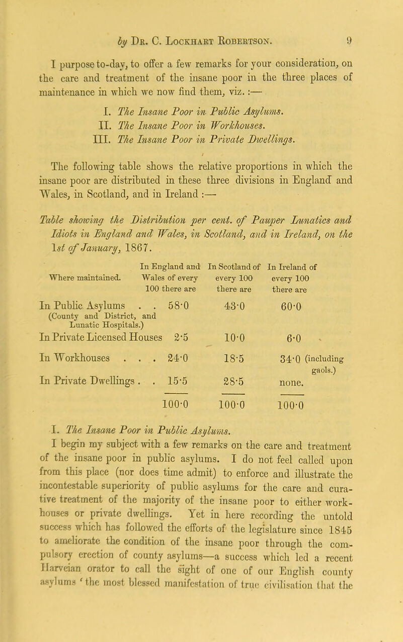 I purpose to-day, to offer a few remarks for your consideration, on the care and treatment of the insane poor in the three places of maintenance in which we now find them, viz.:— I. The Insane Poor in Public Asylums. II. The Insane Poor in Workhouses. III. The Insane Poor in Private Dwellings. / The following table shows the relative proportions in which the insane poor are distributed in these three divisions in England and Wales, in Scotland, and in Ireland :— Table showing the Distribution per cent, of Pauper Lunatics and Idiots in England and Wales, in Scotland, and in Ireland, on the of January, 1867. In England and In Scotland of In Ireland of Where maintained. Wales of every every 100 every 100 100 there are there are there are In Public Asylums . . 58*0 (County and District, and Lunatic Hospitals.) 43-0 60-0 In Private Licensed Houses 2*5 10-0 6-0 In Workhouses . . . 24-0 18-5 340 (including gaols.) In Private Dwellings . . 15*5 28-5 none. 100*0 100-0 100-0 I. The Insane Poor in Public Asylums. I begin my subject with a few remarks on the care and treatment of the insane poor in public asylums. I do not feel called upon from this place (nor does time admit) to enforce and illustrate the incontestable superiority of public asylums for the care and cura- tive treatment of the majority of the insane poor to either work- houses or private dwellings. Yet in here recording the untold success which has followed the efforts of the legislature since 1S45 to ameliorate the condition of the insane poor through the com- pulsory erection of county asylums—a success which led a recent 1 lar\eian orator to call the sight of one of our English county asvlums ‘ the most blessed manifestation of true civilisation that the