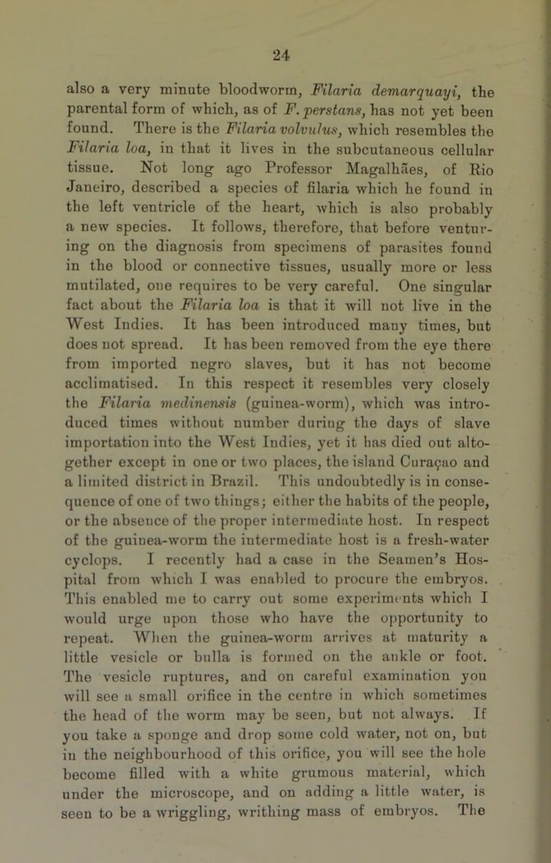 also a very minute bloodworm, Filaria demarquayi, the parental form of which, as of F. perstans, has not yet been found. There is the Filaria volvulus, which resembles the Filaria loa, in that it lives in the subcutaneous cellular tissue. Not long ago Professor Magalhaes, of Rio Janeiro, described a species of filaria which he found in the left ventricle of the heart, which is also probably a new species. It follows, therefore, that before ventur- ing on the diagnosis from specimens of parasites found in the blood or connective tissues, usually more or less mutilated, oue requires to be very careful. One singular fact about the Filaria loa is that it will not live in the West Indies. It has been introduced many times, but does not spread. It has been removed from the eye there from imported negro slaves, but it has not become acclimatised. In this respect it resembles very closely the Filaria medinensis (guinea-worm), which was intro- duced times without number duriug the days of slave importation into the West Indies, yet it has died out alto- gether except in one or two places, the island Curafao and a limited district in Brazil. This undoubtedly is in conse- quence of one of two things; either the habits of the people, or the absence of the proper intermediate host. In respect of the guinea-worm the intermediate host is a fresh-water cyclops. I recently had a case in the Seamen’s Hos- pital from which I was enabled to procure the embryos. This enabled me to carry out some experiments which I would urge upon those who have the opportunity to repeat. When the guinea-worm arrives at maturity a little vesicle or bulla is formed on the ankle or foot. The vesicle ruptures, and on careful examination you will see a small orifice in the centre in which sometimes the head of the worm may be seen, but not always. If you take a sponge and drop some cold water, not on, but in the neighbourhood of this orifice, you will see the hole become filled with a white grumous material, which under the microscope, and on adding a little water, is seen to be a wriggling, writhing mass of embryos. The