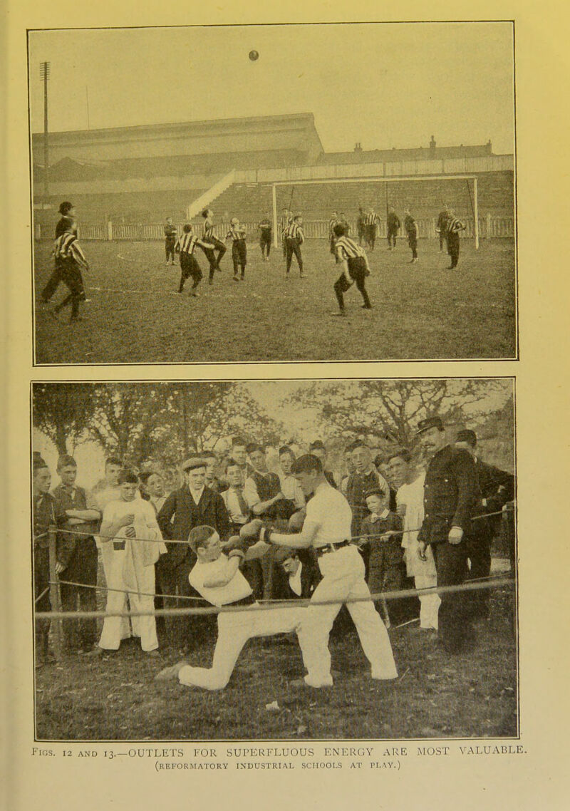 fiGs. 12 AND 13.—OUTLETS FOR SUPERFLUOUS ENERGY ARE MOST VALUABLE. (reformatory industrial schools at play.)