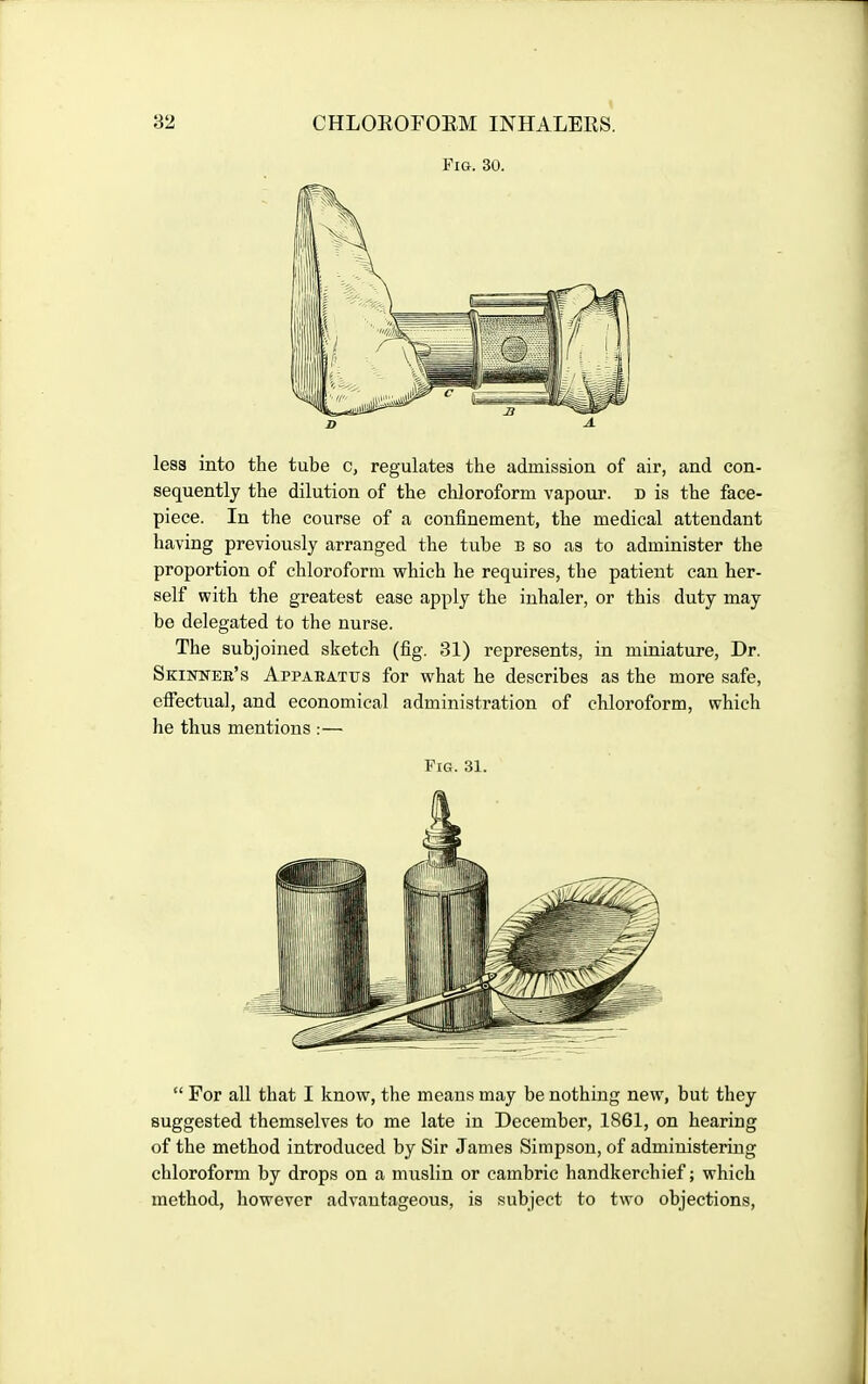 Fig. 30. less into the tube c, regulates the admission of air, and con- sequently the dilution of the chloroform vapour, d is the face- piece. In the course of a confinement, the medical attendant having previously arranged the tube b so as to administer the proportion of chloroform which he requires, the patient can her- self with the greatest ease apply the inhaler, or this duty may be delegated to the nurse. The subjoined sketch (fig. 31) represents, in miniature, Dr. SKiinsrEE's Appabatits for what he describes as the more safe, effectual, and economical administration of chloroform, which he thus mentions :— Fig. 31.  For all that I know, the means may be nothing new, but they suggested themselves to me late in December, 1861, on hearing of the method introduced by Sir James Simpson, of administering chloroform by drops on a muslin or cambric handkerchief; which method, however advantageous, is subject to two objections.