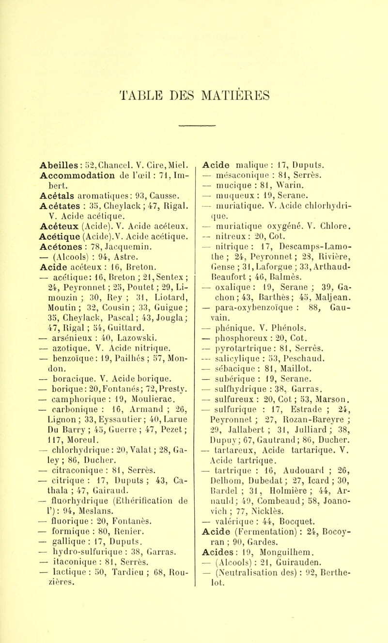 Abeilles: 52,Chancel. V. Cire,Miel. Accommodation de l’œil : 71, Im- bert. Acétals aromatiques: 93, Causse. Acétates : 35, Cheylack; 47, Rigal. V. Acide acétique. Acéteux (Acide). V. Acide acéteux. Acétique (Acide).Y. Acide acétique. Acétones : 78, Jacquemin. — (Alcools) : 94, Astre. Acide acéteux : 16, Breton. — acétique: 16, Breton ; 21,Sentex ; 24, Peyronnet ; 25, Poutet ; 29, Li- mouzin ; 30, Rey ; 31, Liotard, Moutin ; 32, Cousin; 33, Guigue; 35, Cheylack, Pascal; 43, Jougla; 47, Rigal ; 54, Guittard. — arsénieux : 40, Lazowski. — azotique. Y. Acide nitrique. — benzoïque: 19, Pailhés ; 57, Mon- don. — boracique. V. Acide borique. — borique: 20,Fontanés; 72,Presty. — camphorique : 19, Mouliérac. — carbonique : 16, Armand ; 26, Lignon; 33, Eyssautier ; 40, Larue Du Barry ; 45, Guerre ; 47, Pezet ; 117, Moreul. — chlorhydrique: 20,Yalat ; 28, Ga- ley ; 86, Ducher. — citraconique : 81, Serrés. — citrique : 17, Duputs ; 43, Ca- thala ; 47, Gairaud. — fluorhydrique (Ethérification de P) : 94, Meslans. — fluorique: 20, Fontanès. — formique : 80, Renier. — gallique : 17, Duputs. — hydro-sulfurique : 38, Garras. — itaconique : 81, Serrés. — lactique: 50, Tardieu ; 68, Rou- zières. Acide malique : 17, Duputs. — mésaconique : 81, Serrés. — mucique : 81, Warin. — muqueux: 19, Serane. — muriatique. V. Acide chlorhydri- que. — muriatique oxygéné. V. Chlore. — nitreux : 20, Got. — nitrique : 17, Descamps-Lamo- Ihe ; 24, Peyronnet ; 28, Rivière, Gense ; 31, Laforgue ; 33, Arthaud- Beaufort ; 46, Balmès. — oxalique : 19, Serane ; 39, Ga- chon;43, Barthès; 45, Maljean. — para-oxybenzoïque : 88, Gau- vain. — phénique. V. Phénols. — phosphoreux : 20, Cot. — pyrotartrique : 81, Serrés. — salicylique : 53, Peschaud. — sébacique : 81, Maillot. — subérique : 19, Serane. — sulfhydrique : 38, Garras. — sulfureux : 20, Cot ; 53, Marson. — sulfurique : 17, Estrade ; 24, Peyronnet ; 27, Rozan-Bareyre ; 29, Jallabert ; 31, Julliard ; 38, Dupuy; 67, Gautrand; 86, Ducher. — tartareux, Acide tartarique. V. Acide tartrique. — tartrique : 16, Audouard ; 26, Delhom, Dubedat; 27, Icard ; 30, Bardel ; 31, Holmière ; 44, Ar- nauld; 49, Combeaud; 58, Joano- vich ; 77, Nicklès. — valérique : 44, Bocquet. Acide (Fermentation) : 24, Bocoy- ran ; 90, Gardes. Acides: 19, Monguilhem. — (Alcools) : 21, Guirauden. — (Neutralisation des) : 92, Berthe- lot.