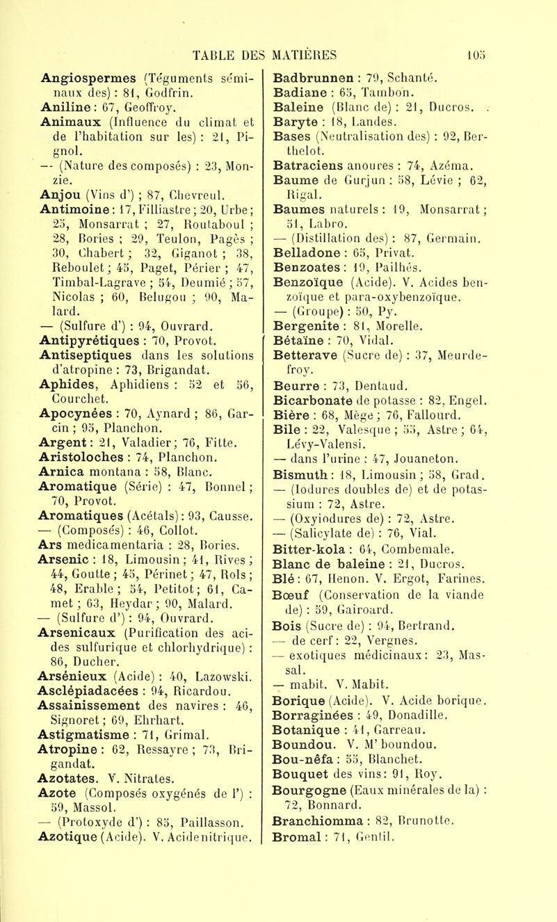 Angiospermes (Téguments sémi- naux des) : 81, Godfrin. Aniline: 67, Geoffroy. Animaux (Influence du climat et de l’habitation sur les) : 21, Pi- gnol. — (Nature des composés) : 23, Mon- zie. Anjou (Vins d’) ; 87, Ghevreul. Antimoine : 17, Filliastre ; 20, Urbe ; 25, Monsarrat ; 27, Routaboul ; 28, Bories ; 29, Teuton, Pagès ; 30, Chabert ; 32, Giganot ; 38, Reboulet ; 45, Paget, Périer ; 47, Timbal-Lagrave ; 54, Deumié; 57, Nicolas ; 60, Belugou ; 90, Ma- lard. — (Sulfure d’) : 94, Ouvrard. Antipyrétiques : 70, Provot. Antiseptiques dans les solutions d’atropine : 73, Brigandat. Aphides, Aphicliens : 52 et 56, Courchet. Apocynées : 70, Aynard ; 86, Gar- cin ; 95, Planchon. Argent: 21, Valadier; 76, Fitte. Aristoloches : 74, Planchon. Arnica montana : 58, Blanc. Aromatique (Série) : 47, Bonnel ; 70, Provot. Aromatiques (Acétals): 93, Causse. — (Composés) : 46, Collot. Ars medicamentaria : 28, Bories. Arsenic: 18, Limousin; 41, Rives; 44, Goutte ; 45, Périnet ; 47, Rols ; 48, Erable; 54, Petitot; 61, Ca- rnet ; 63, Heydar; 90, Malard. — (Sulfure cl’) : 94, Ouvrard. Arsenicaux (Purification des aci- des sulfurique et chlorhydrique) : 86, Ducher. Arsénieux (Acide) : 40, Lazowski. Asclépiadacées : 94, Ricardou. Assainissement des navires : 46, Signoret ; 69, Ehrhart. Astigmatisme : 71, Grimai. Atropine : 62, Ressayre ; 73, Bri- gandat. Azotates. V. Nitrates. Azote (Composés oxygénés de Y) : 59, Massol. — (Protoxyde d’) : 85, Paillasson. Azotique (Acide). V. Acidenitrique. Badbrunnen : 79, Schanté. Badiane : 65, Tarn bon. Baleine (Blanc de) : 21, Ducros. . Baryte : 18, Landes. Bases (Neutralisation des) : 92, Ber- thelot. Batraciens anoures : 74, Azéma. Baume de Gurjun : 58, Lévie ; 62, Rigal. Baumes naturels : 19, Monsarrat; 51, Labro. — (Distillation des) : 87, Germain. Belladone : 65, Privât. Benzoates : 19, Pailhés. Benzoïque (Acide). V. Acides ben- zoïque et para-oxybenzoïque. — (Groupe) : 50, Py. Bergenite : 81, Morelle. Bétaïne : 70, Vidal. Betterave (Sucre de) : 37, Meurde- froy. Beurre : 73, Dentaud. Bicarbonate de potasse : 82, Engel. Bière : 68, Mège; 76, Fallourd. Bile: 22, Valesque ; 55, Astre; 64, Lévy-Valensi. — dans l’urine : 47, Jouaneton. Bismuth: 18, Limousin; 58, Grad. — (Iodures doubles de) et de potas- sium : 72, Astre. — (Oxyiodures de) : 72, Astre. — (Salicylate de) : 76, Vial. Bitter-kola : 64, Combemale. Blanc de baleine : 21, Ducros. Blé : 67, Henon. V. Ergot, Farines. Bœuf (Conservation de la viande de) : 59, Gairoard. Bois (Sucre de) : 94, Bertrand. — de cerf: 22, Vergnes. — exotiques médicinaux: 23, Mas- sai. — mabit. V. Mabit. Borique (Acide). V. Acide borique. Borraginées : 49, Donadille. Botanique : 41, Garreau. Boundou. V. M’ boundou. Bou-nêfa : 55, Blanchet. Bouquet des vins: 91, Roy. Bourgogne (Eaux minérales de la) : 72, Bonnard. Branchiomma : 82, Brunotte. Bromal : 71, Gentil.
