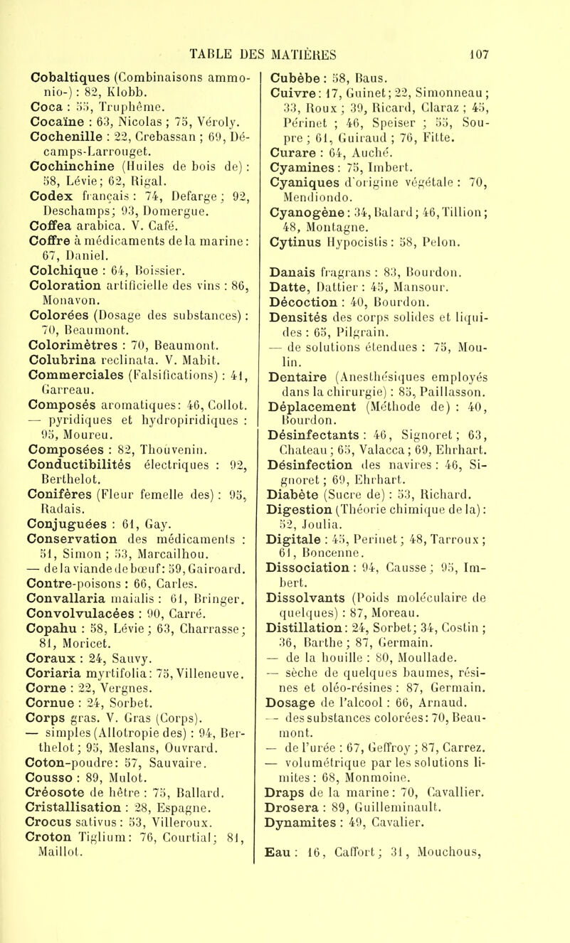 Cobaltiques (Combinaisons ammo- nio-) : 82, Klobb. Coca : 55, Truphême. Cocaïne : 63, Nicolas ; 75, Yéroly. Cochenille : 22, Crebassan ; 69, Dé- camps-Larrouget. Cochinchine (Huiles de bois de) : 58, Lévie; 62, Rigal. Codex français : 74, Defarge ; 92, Deschamps; 93, Domergue. Coffea arabica. V. Café. Coffre à médicaments de la marine : 67, Daniel. Colchique : 64, Boissier. Coloration artificielle des vins : 86, Monavon. Colorées (Dosage des substances) : 70, Beaumont. Colorimètres : 70, Beaumont. Colubrina reclinata. V. Mabit. Commerciales (Falsifications) : 41, Garreau. Composés aromatiques: 46, Collot. — pyridiques et hydropiridiques : 95, Moureu. Composées : 82, Thouvenin. Conductibilités électriques : 92, Berthelot. Conifères (Fleur femelle des) : 95, Radais. Conjuguées : 61, Gay. Conservation des médicaments : 51, Simon; 53, Marcailhou. — delà viande de bœuf: 59,Gairoard. Contre-poisons : 66, Caries. Convallaria maialis : 61, Bringer. Convolvulacées : 90, Carré. Copahu : 58, Lévie; 63, Charrasse; 81, Moricet. Coraux : 24, Sauvy. Coriaria myrtifolia: 75, Villeneuve. Corne : 22, Vergnes. Cornue : 24, Sorbet. Corps gras. V. Gras (Corps). — simples (Allotropie des) : 94, Ber- thelot; 95, Meslans, Ouvrard. Coton-poudre: 57, Sauvaire. Cousso : 89, Mulot. Créosote de hêtre : 75, Ballard. Cristallisation : 28, Espagne. Crocus sativus : 53, Villeroux. Croton Tiglium: 76, Courtial; 81, Maillot. Cubèbe : 58, Baus. Cuivre : 17, Guinet ; 22, Simonneau ; 33, Roux; 39, Ricard, Claraz ; 45, Périnet ; 46, Speiser ; 55, Sou- pre ; 61, Guiraud ; 76, Fitte. Curare : 64, Auché. Cyamines : 75, Imbert. Cyaniques d'origine végétale : 70, Mendiondo. Cyanogène : 34, Balard ; 46, Tillion ; 48, Montagne. Cytinus Hypocistis : 58, Pelon. Danais fragrans : 83, Bourdon. Datte, Dattier: 45, Mansour. Décoction : 40, Bourdon. Densités des corps solides et liqui- des : 65, Pilgrain. — de solutions étendues : 75, Mou- lin. Dentaire (Anesthésiques employés dans la chirurgie) : 85, Paillasson. Déplacement (Méthode de) : 40, Bourdon. Désinfectants: 46, Signoret ; 63, Chateau; 65, Valacca ; 69, Ehrhart. Désinfection des navires : 46, Si- gnoret ; 69, Ehrhart. Diabète (Sucre de) : 53, Richard. Digestion (Théorie chimique de la) : 52, Joulia. Digitale : 45, Permet ; 48, Tarroux ; 61, Boncenne. Dissociation: 94, Causse; 95, Im- bert. Dissolvants (Poids moléculaire de quelques) : 87, Moreau. Distillation: 24, Sorbet; 34, Costin ; 36, Barthe ; 87, Germain. — de la houille : 80, Moullade. — sèche de quelques baumes, rési- nes et oléo-résines : 87, Germain. Dosage de Palcool : 66, Arnaud. — des substances colorées: 70, Beau- mont. — de l’urée : 67, Geffroy ; 87, Carrez. — volumétrique par les solutions li- mites : 68, Monmoine. Draps de la marine : 70, Cavallier. Drosera : 89, Guilleminault. Dynamites : 49, Cavalier. Eau: 16, Caffort; 31, Mouchous,