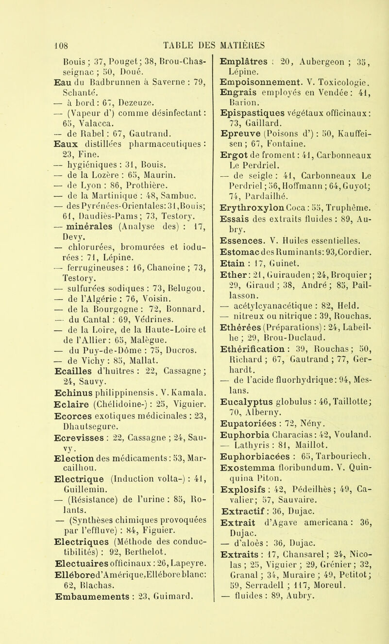 Bouis; 37, Pouget; 38, Brou-Chas- seignac ; 50, Doué. Eau du Badbrunnen à Saverne : 79, Schanté. — à bord: 67, Dezeuze. — (Vapeur d’) comme désinfectant : 65, Valacca. — de Rabel : 67, Gautrand. Eaux distillées pharmaceutiques : 23, Fine. — hygiéniques: 31, Bouis. — de la Lozère : 65, Maurin. — de Lyon : 86, Prothière. — de la Martinique : 48, Sambuc. — desPyrénées-Orientales: 31, Bouis; 61, Daudiès-Pams ; 73, Testory. — minérales (Analyse des) : 17, Devy. — chlorurées, bromurées et iodu- rées : 71, Lépine. — ferrugineuses: 16, Chanoine; 73, Testory. — sulfurées sodiques : 73, Belugou. — de l’Algérie : 76, Voisin. — delà Bourgogne: 72, Bonnard. — du Cantal : 69, Védrines. — de la Loire, de la Haute-Loire et de l’Ailier: 65, Malègue. — du Puy-de-Dôme : 75, Ducros. — de Vichy : 85, Mallat. Ecailles d’huîtres : 22, Cassagne ; 24, Sauvy. Echinus philippinensis. V. Kamala. Eclaire (Chélidoine-j : 25, Viguier. Ecorces exotiques médicinales : 23, Dhautsegure. Ecrevisses : 22, Cassagne ; 24, Sau- vy. Election des médicaments : 53, Mar- cailhou. Electrique (Induction volta-) : 41, Guillemin. — (Résistance) de l’urine : 85, Ro- lants. — (Synthèses chimiques provoquées par l’effluve) : 84, Figuier. Electriques (Méthode des conduc- tibilités) : 92, Berthelot. Electuaires officinaux : 26, Lapeyre. Ellébored’Amérique,Ellébore blanc: 62, Blachas. Embaumements : 23, Guimard. Emplâtres ; 20, Aubergeon ; 35, Lépine. Empoisonnement. V. Toxicologie. Engrais employés en Vendée : 41, Barion. Epispastiques végétaux officinaux: 73, Gaillard. Epreuve (Poisons d’) : 50, Kauffei- sen ; 67, Fontaine. Ergot de froment : 41, Carbonneaux Le Perdriel. — de seigle : 41, Carbonneaux Le Perdriel ; 56, Hoffmann ; 64, Guyot; 74, Pardailhé. Erythroxylon Coca : 55, Truphême. Essais des extraits fluides : 89, Au- bry. Essences. V. Huiles essentielles. Estomac des Ruminants: 93,Cordier. Etain : 17, Guinet. Ether: 21, Guirauden ; 24, Broquier; 29, Giraud; 38, André; 85, Pail- lasson. — acétylcyanacétique : 82, Held. — nitreux ou nitrique : 39, Rouchas. Ethérées (Préparations) : 24, Labeil- he ; 29, Brou-Duclaud. Ethérification: 39, Rouchas; 50, Richard ; 67, Gautrand ; 77, Ger- hardt. — de l’acide fluorhydrique: 94, Mes- lans. Eucalyptus globulus : 46, Taillotte; 70, Alberny. Eupatoriées : 72, Nény. Euphorbia Characias: 42, Vouland. — Lathyris : 81, Maillot. Euphorbiacées : 65, Tarbouriech. Exostemma floribundum. V. Quin- quina Piton. Explosifs : 42, Pédeilhès ; 49, Ca- valier; 57, Sauvaire. Extractif : 36, Dujac. Extrait d’Agave americana : 36, Dujac. — d’aloès : 36, Dujac. Extraits: 17, Ghansarel ; 24, Nico- las ; 25, Viguier ; 29, Grénier ; 32, Granal ; 34, Muraire; 49, Petitot; 59, Serradell ; 117, Moreul. — fluides : 89, Aubry.