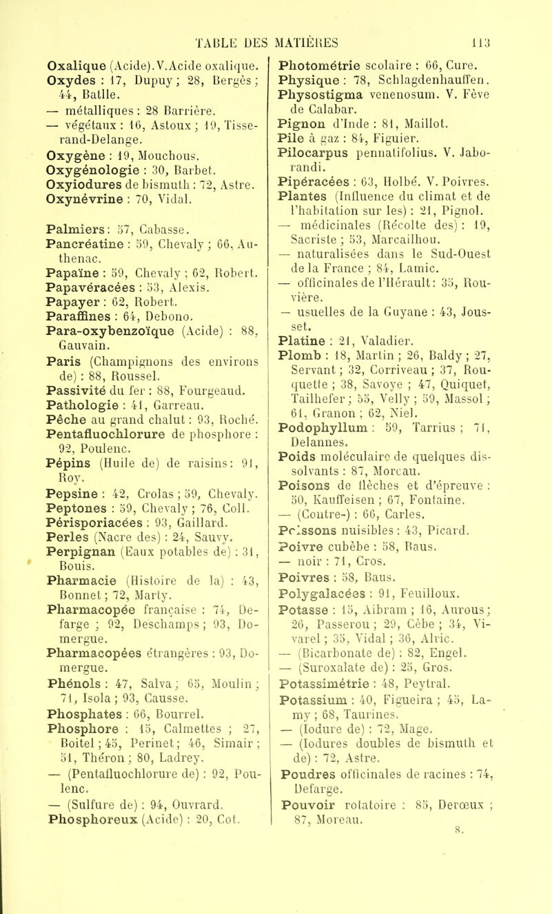 Oxalique (Acide).Y.Acide oxalique. Oxydes : 17, Dupuy ; 28, Bergès; 44, Batlle. — métalliques : 28 Barrière. — végétaux: 16, Astoux ; 4 9, Tisse- rand-Delange. Oxygène : 19, Mouchous. Oxygénologie : 30, Barbet. Oxyiodures de bismuth : 72, Astre. Oxynévrine : 70, Vidal. Palmiers: 57, Gabasse. Pancréatine : 59, Chevaly ; 66, Au- thenac. Papaïne : 59, Chevaly ; 62, Robert. Papavéracées : 53, Alexis. Papayer : 62, Robert. Paraffines : 64, Debono. Para-oxybenzoïque (Acide) : 88, Gauvain. Paris (Champignons des environs de) : 88, Roussel. Passivité du fer : 88, Fourgeaud. Pathologie : 41, Garreau. Pêche au grand chalut : 93, Roche'. Pentafluochlorure de phosphore : 92, Poulenc. Pépins (Huile de) de raisins: 91, Roy. Pepsine : 42, Crolas ; 59, Chevaly. Peptones : 59, Chevaly; 76, Coll. Périsporiacées : 93, Gaillard. Perles (Nacre des) : 24, Sauvy. Perpignan (Eaux potables de) : 31, Bouis. Pharmacie (Histoire de la) : 43, Bonnet ; 72, Marty. Pharmacopée française : 74, De- farge ; 92, Déschamps ; 93, Do- mergue. Pharmacopées étrangères : 93, Do- mergue. Phénols : 47, Salva ; 65, Moulin ; 71, Isola ; 93, Causse. Phosphates : 66, Bourrel. Phosphore : 15, Calmettes ; 27, Boitel ; 45, Perinet; 46, Simair ; 51, Théron; 80, Ladrey. — (Pentafluochlorure de) : 92, Pou- lenc. — (Sulfure de) : 94, Ouvrard. Phosphoreux (Acide) : 20, Cot. Photométrie scolaire : 66, Cure. Physique: 78, Schlagdenhauffen. Physostigma venenosum. V. Fève de Calabar. Pignon d’Inde : 81, Maillot. Pile à gaz : 84, Figuier. Pilocarpus pennatifolius. V. Jabo- randi. Pipéracées : 63, Holbe'. Y. Poivres. Plantes (Influence du climat et de l’habitation sur les) : 21, Pignol. — médicinales (Récolte des) : 19, Sacriste ; 53, Marcailhou. — naturalisées dans le Sud-Ouest de la France ; 84, Lamie. — officinales de l’Hérault: 35, Rou- vière. — usuelles de la Guyane : 43, Jous- set. Platine : 21, Valadier. Plomb : 18, Martin ; 26, Baldy ; 27, Servant ; 32, Corriveau ; 37, Rou- quette ; 38, Savoye ; 47, Quiquet, Tailhefer; 55, Velly ; 59, Massol ; 61, Granon ; 62, Niel. Podophyllum : 59, Tarrius ; 71, Delannes. Poids moléculaire de quelques dis- solvants : 87, Moreau. Poisons de flèches et d’épreuve : 50, Kauffeisen ; 67, Fontaine. — (Contre-) : 66, Caries. Frissons nuisibles: 43, Picard. Poivre cubèbe : 58, Baus. — noir : 71, Cros. Poivres : 58, Baus. Polygalacées : 91, Feuilloux. Potasse : 15, Aibram ; 16, Aurous; 26, Passerou ; 29, Cèbe ; 34, Vi- varel ; 35, Yidal ; 36, Alric. — (Bicarbonate de) : 82, Engel. — (Suroxalate de) : 25, Gros. Potassimétrie : 48, Peytral. Potassium : 40, Figueira ; 45, La- my ; 68, Taurines. — (Iodure de) : 72, Mage. — (Iodures doubles de bismuth et de) : 72, Astre. Poudres officinales de racines : 74, üefarge. Pouvoir rotatoire : 85, Derœux ; 87, Moreau. 8.