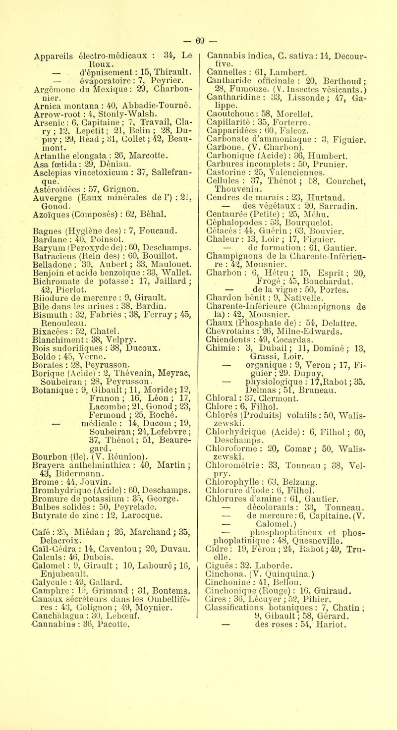 Appareils électro-médicaux : 34, Le Roux. — d’épuisement : 15, Thirault. — évaporatoire : 7, Peyrier. Argémone du Mexique : 29, Charbon- nier. Arnica montana : 40, Abbadie-Tourné. Arrow-root : 4, Stonly-Walsh. Arsenic : 6, Capitaine ; 7, Travail, Cla- ry ; 12, Lepetit ; 21, Belin ; 28, Du- puy ; 29, Read ; 31, Collet ; 42, Beau- mont. Artanthe elongata : 26, Marcotte. Asa fœtida : 29, Déniau. Asclepias vincetoxicum : 37, Sallefran- que. Astéroïdées : 57, Grignon. Auvergne (Eaux minérales de 1’) : 21, Gonod. Azoïques (Composés) : 62, Béhal. Bagnes (Hygiène des) : 7, Foucaud. Bardane : 40, Poinsot. Baryum (Peroxyde de) : 60, Deschamps. Batraciens (Rein des) : 60, Bouillot. Belladone ; 30, Aubert ; 33, Maulouet. Benjoin et acide benzoïque :33, Wallet. Bichromate de potasse : 17, Jaillard ; 42, Pierlot. Biiodure de mercure : 9, Girault. Bile dans les urines : 38, Bardin. Bismuth : 32, Fabriès ; 38, Ferray ; 45, Renouleau. Bixacées : 52, Chatel. Blanchiment: 38, Velpry. Bois sudorifiques : 38, Ducoux. Boldo : 45, Yerne. Borates : 28, Peyrusson. Borique (Acide) : 2, Thé venin, Meyrac, Soubeiran ; 28, Peyrusson. Botanique : 9, Gibault ; 11, Moride; 12, Franon ; 16, Léon ; 17, Lacombe; 21, Gonod ; 23, Fermond ; 25, Roché. — médicale : 14, Ducom ; 19, Soubeiran ; 24, Lefebvre ; 37, Thénot; 51, Beaure- gard. Bourbon (île). (Y. Réunion). Brayera anthelminthica : 40, Martin ; 43, Bidermann. Brome : 44, Jouvin. Bromhydrique (Acide) : 60, Deschamps. Bromure de potassium : 35, George. Bulbes solides : 50, Peyrelade. Butyrate de zinc : 12, Larocque. Café : 25, Miédan ; 26, Marchand ; 35, Delacroix. Caïl-Cédra : 14, Caventou; 20, Duvau. Calculs: 46, Dubois. Calomel : 9, Girault ; 10, Labouré; 16, Enjubeault. Calycule : 49, Gallard. Camphre : 1'), Grimaud ; 31, Bontems. Canaux sécréteurs dans les Ombellifè- res : 43, Colignon ; 49, Moynier. Canchalagua : 30, Lebœuf. •Cannabine : 36, Pacotte. Cannabis indica, C. sativa: 14, Decour- tive. Cannelles : 61, Lambert. Cantharide officinale : 20, Berthoud ; 28, Fumouze. (V. Insectes vésicants.) Cantharidine : 33, Lissonde ; 47, Ga- lippe. Caoutchouc : 58, Morellet. Capillarité : 35, Forterre. Capparidées : 60, Falcoz. Carbonate d’ammoniaque : 3, Figuier. Carbone. (Y. Charbon). Carbonique (Acide) : 36, Humbert. Carbures incomplets : 50, Prunier. Castorine : 25, Valenciennes. Cellules : 37, Thénot ; 58, Courchet, Thouvenin. Cendres de marais : 23, Hurtaud. — des végétaux : 20, Sarradin. Centaurée (Petite) ; 25, Méhu. Céphalopodes : 53, Bourquelot. Cétacés : 44, Guérin ; 63, Bouvier. Chaleur : 13, Loir ; 17, Figuier. — de formation : 61, Gautier. Champignons de la Charente-Inférieu- re : 42, Mousnier. Charbon : 6, Hétru ; 15, Esprit ; 20, Frogé ; 45, Bouchardat. — de la vigne : 50, Portes. Chardon bénit : 9, Nativelle. Charente-Inférieure (Champignons de la) : 42, Mousnier. Chaux (Phosphate de) : 54, Delattre. Chevrotains : 26, Milne-Edwards. Chiendents : 49, Cocardas. Chimie: 3, Dubail ; 11, Dominé; 13, Grassi, Loir. — organique : 9, Yeron ; 17, Fi- guier ; 29. Dupuy, — physiologique : 17,Rabot ; 35. Delmas ; 51, Bruneau. Chloral : 37, Clermont. Chlore : 6, Filhol. Chlorés (Produits) volatils : 50, Walis- zewski. Chlorhydrique (Acide) : 6, Filhol ; 60, Deschamps. Chloroforme : 20, Comar ; 50, Walis- zewski. Chlorométrie : 33, Tonneau ; 38, Yel- pry. Chlorophylle : 63, Belzung. Chlorure d’iode : 6, Filhol. Chlorures d’amine : 61, Gautier. — décolorants : 33, Tonneau. — de mercure:6, Capitaine.(Y. — Calomel.) — phosphoplatineux et phos- phoplatinique : 48, Quesneville. Cidre : 19, Féron ; 24, Rabot ; 49, Tru- elle. Ciguës : 32. Laborde. Cinchona. (Y. Quinquina.) Cinchonine : 41, Bellou. Cinchonique (Rouge) : 16, Guiraud. Cires : 36, Lécuyer ; 52, Pihier. Classifications botaniques : 7, Chatin ; 9, Gibault ; 58, Gérard. — des roses : 54, Hariot.